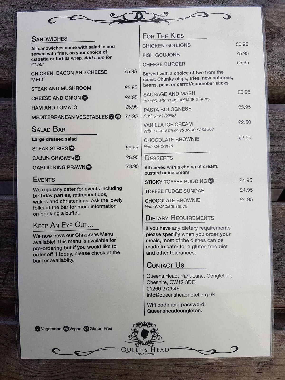 Menu at The Queens Head Pub, Congleton, Congleton