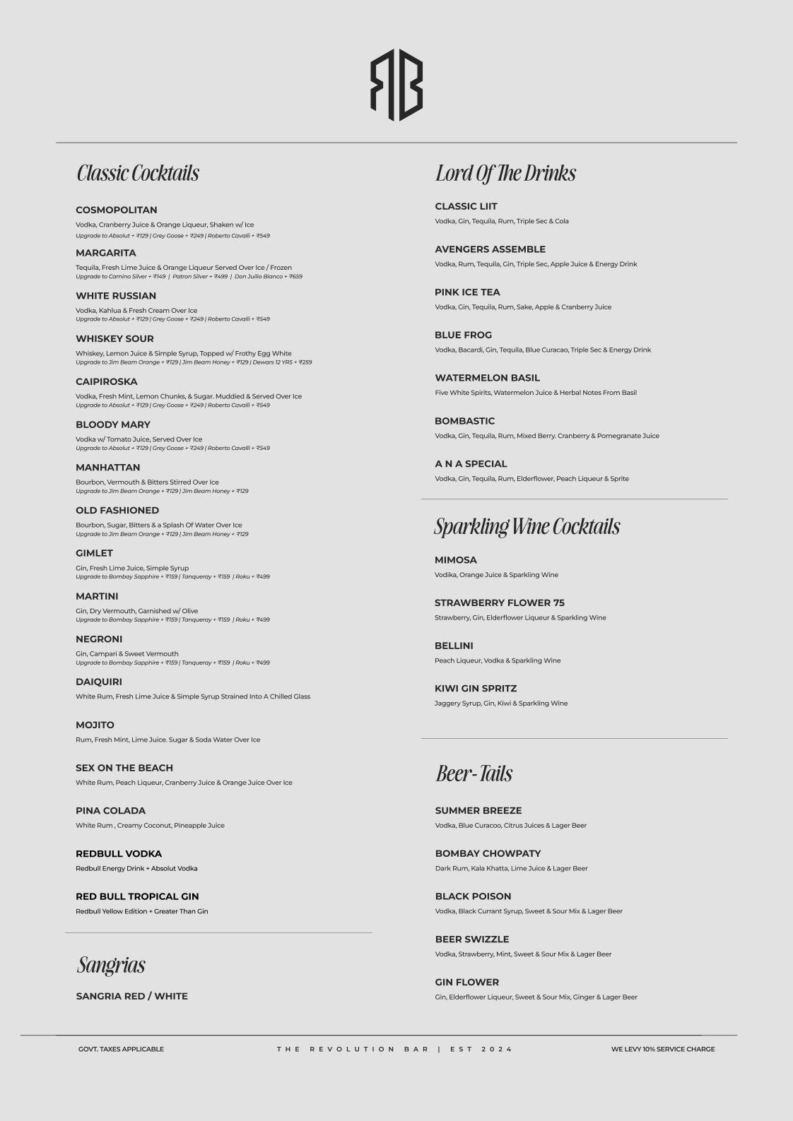 The Revolution Bar menu