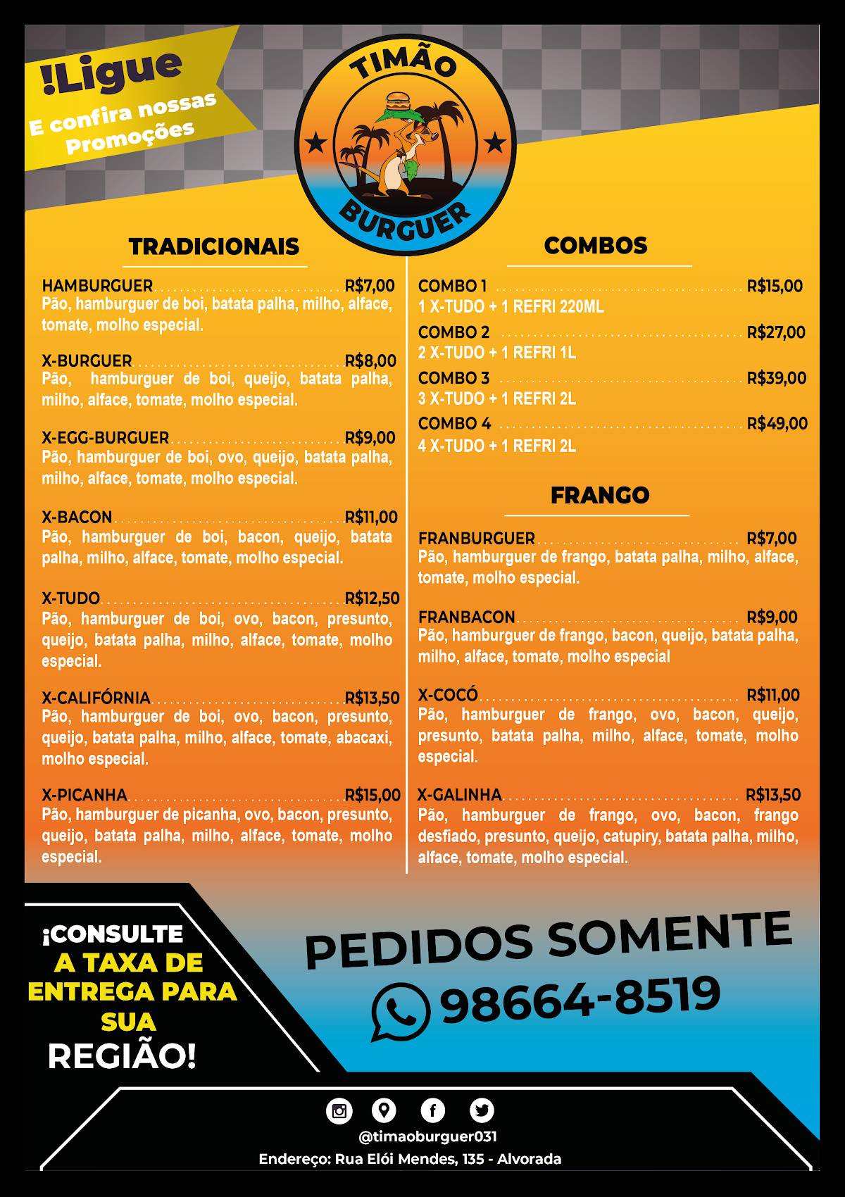 Timão Burguer cardápio