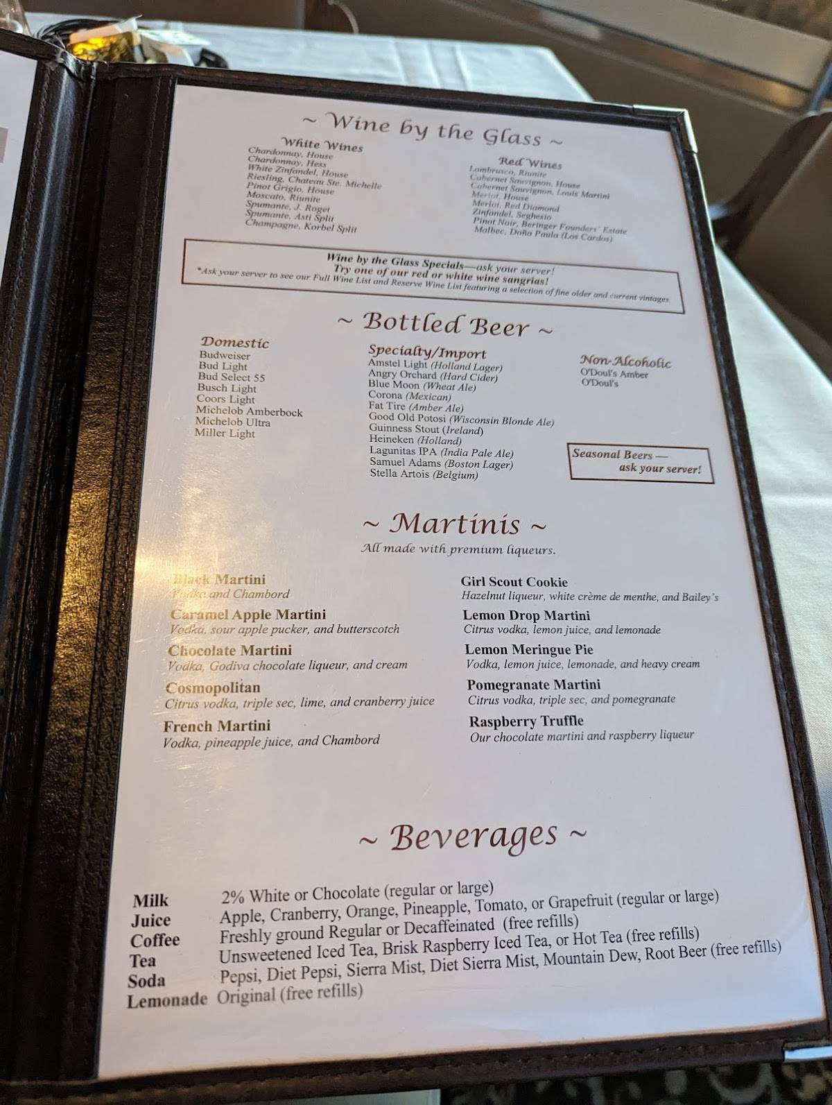 Menu at Timmerman's Supper Club, East Dubuque