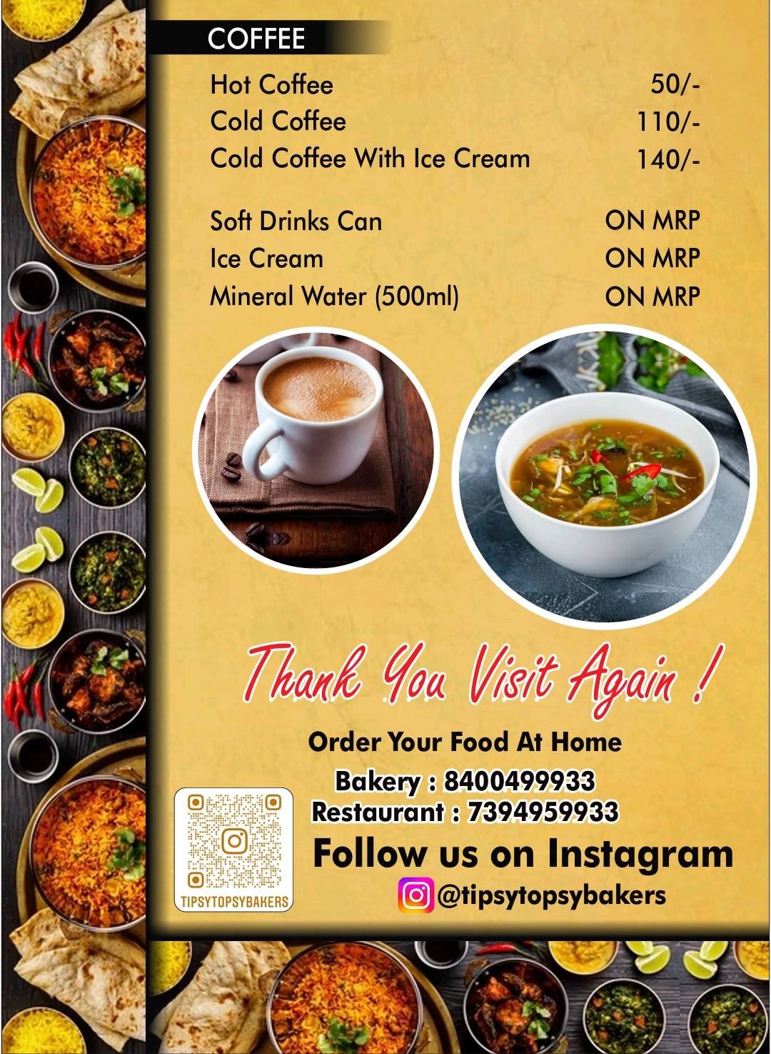 Tipsy Topsy Baker's & Restaurant menu
