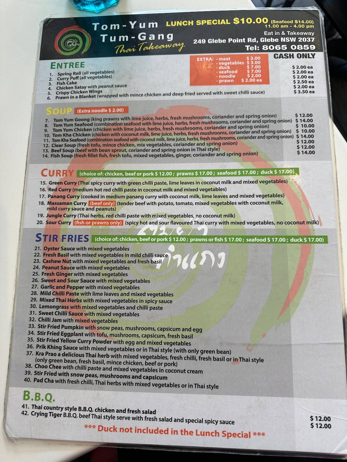 Menu at TomYum TumGang fast food, Glebe