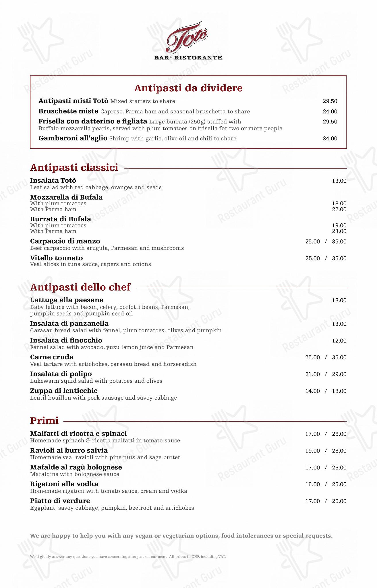 Totò in Zurigo - Carte menu