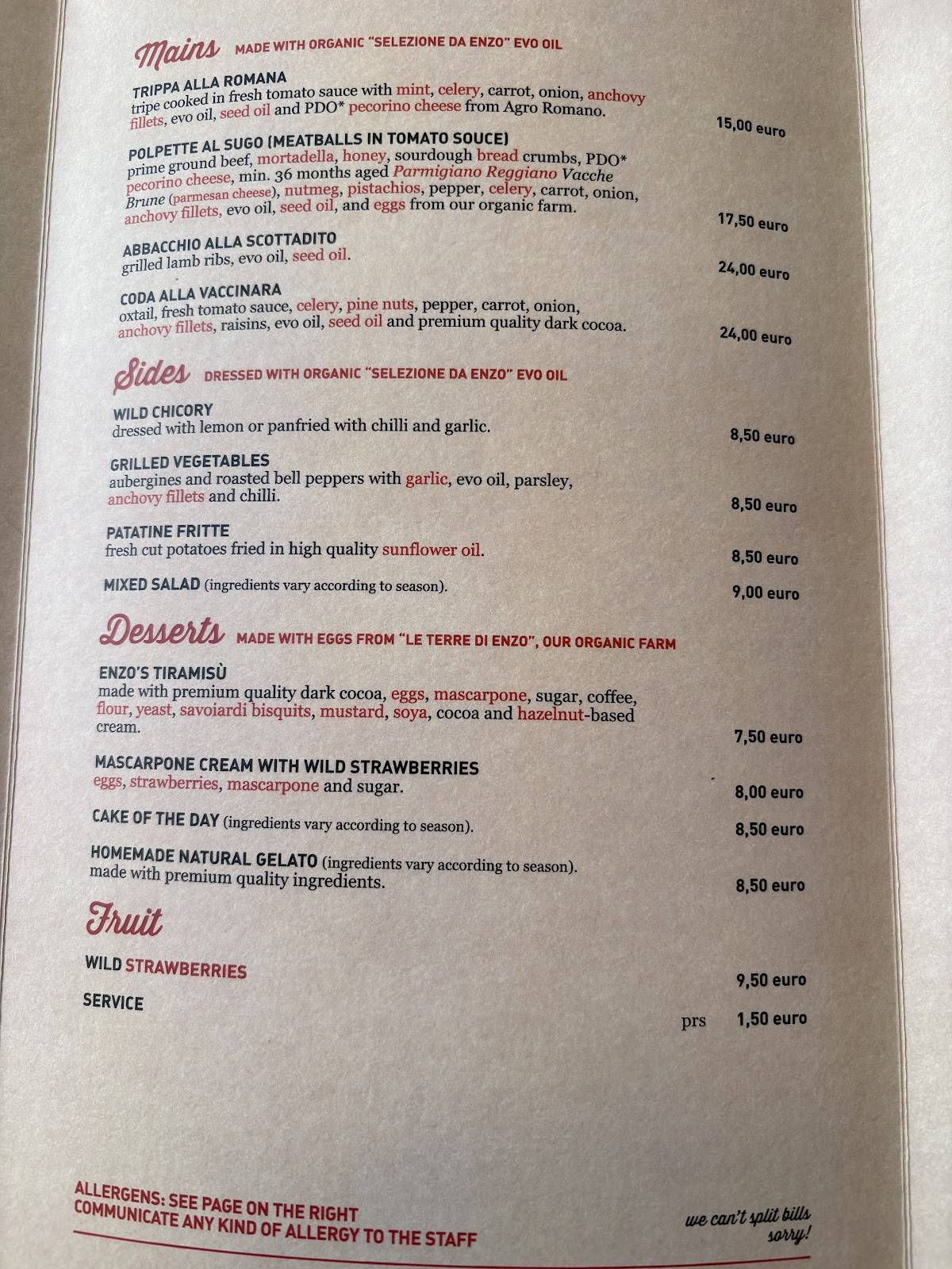 Menu di Trattoria Da Enzo 