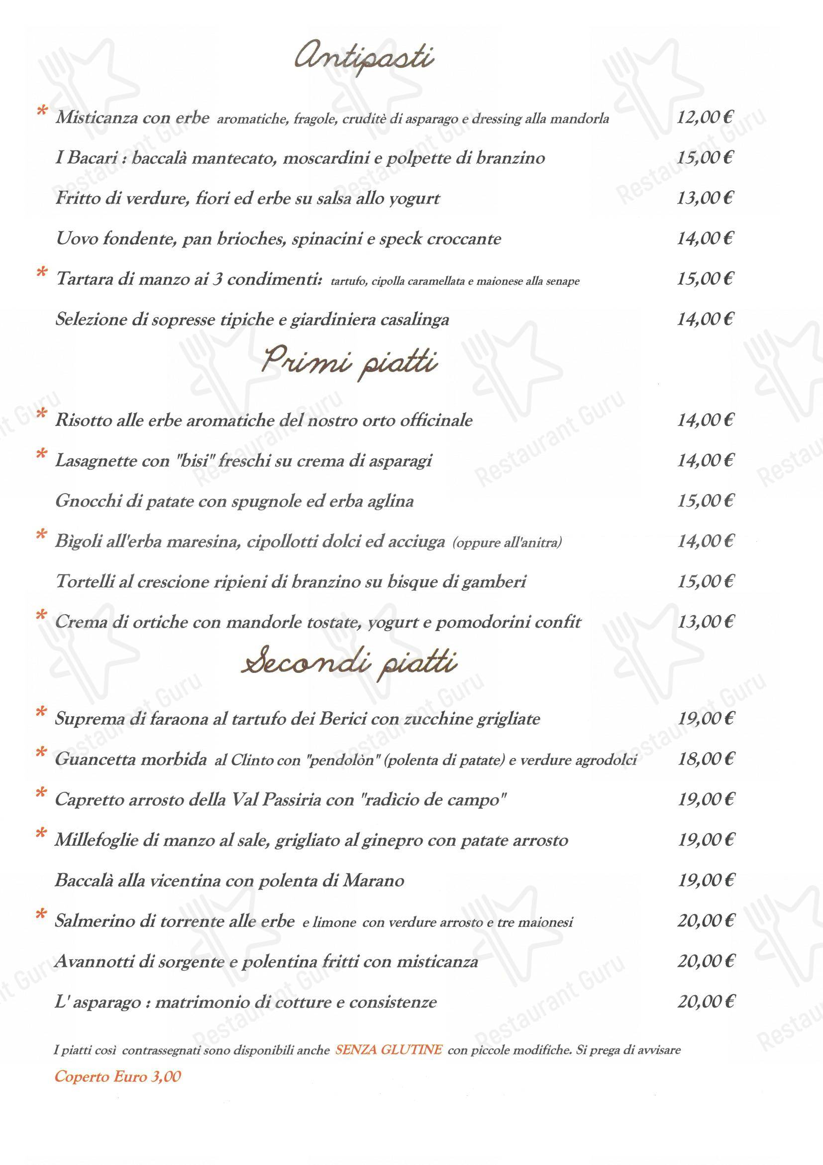 Menu di Trattoria Molin Vecio - Menu bar