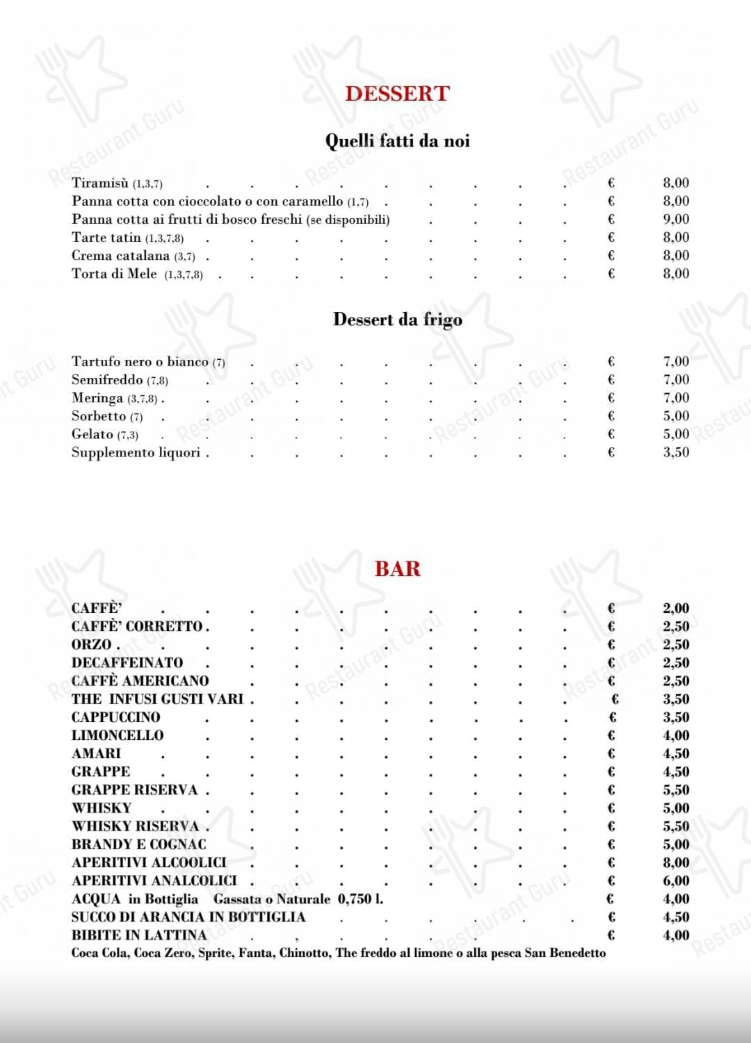 Menu di Trattoria Pizzeria Ristorante in Borgovico - pasti e bevande