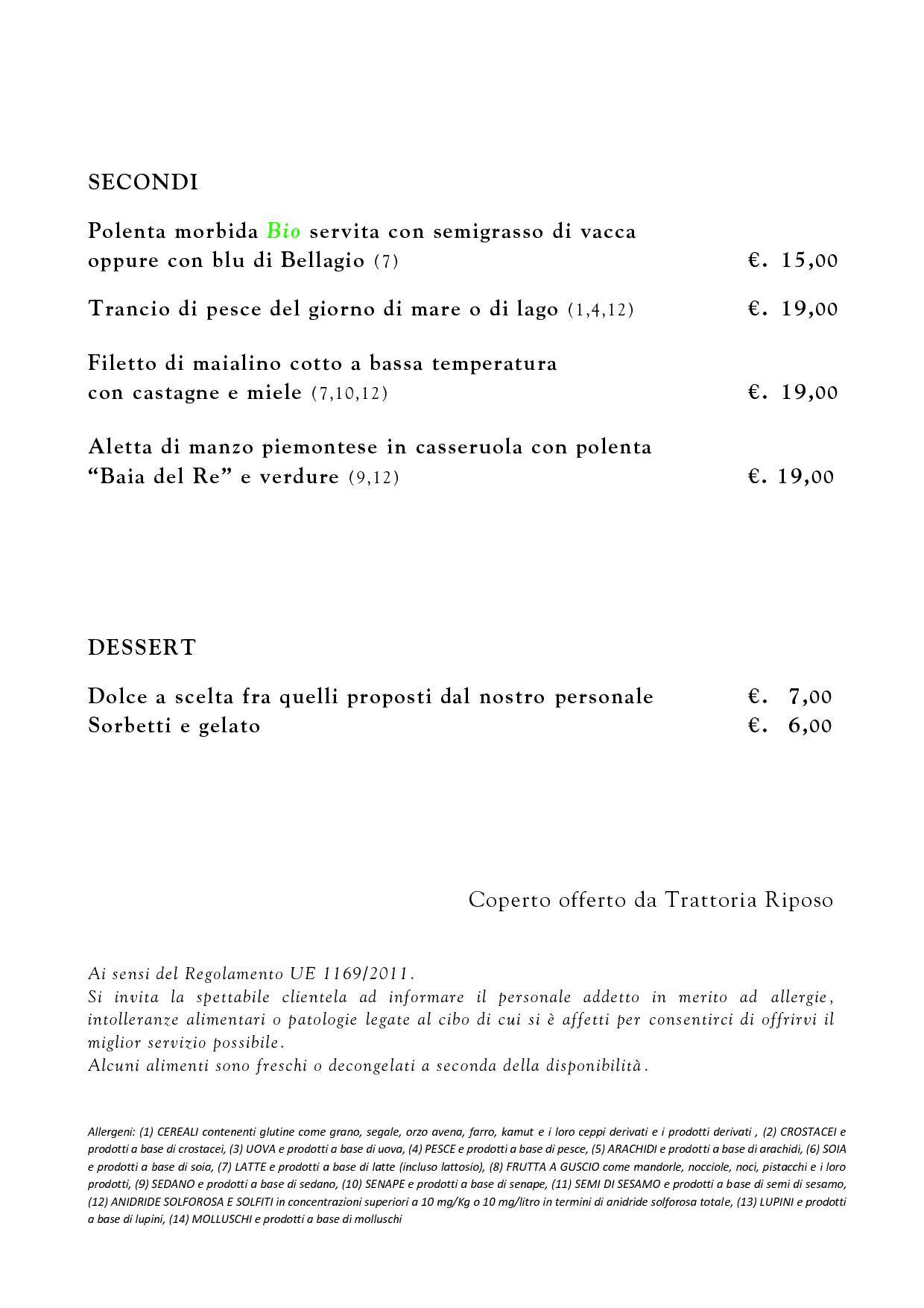 Menu di Trattoria Riposo 