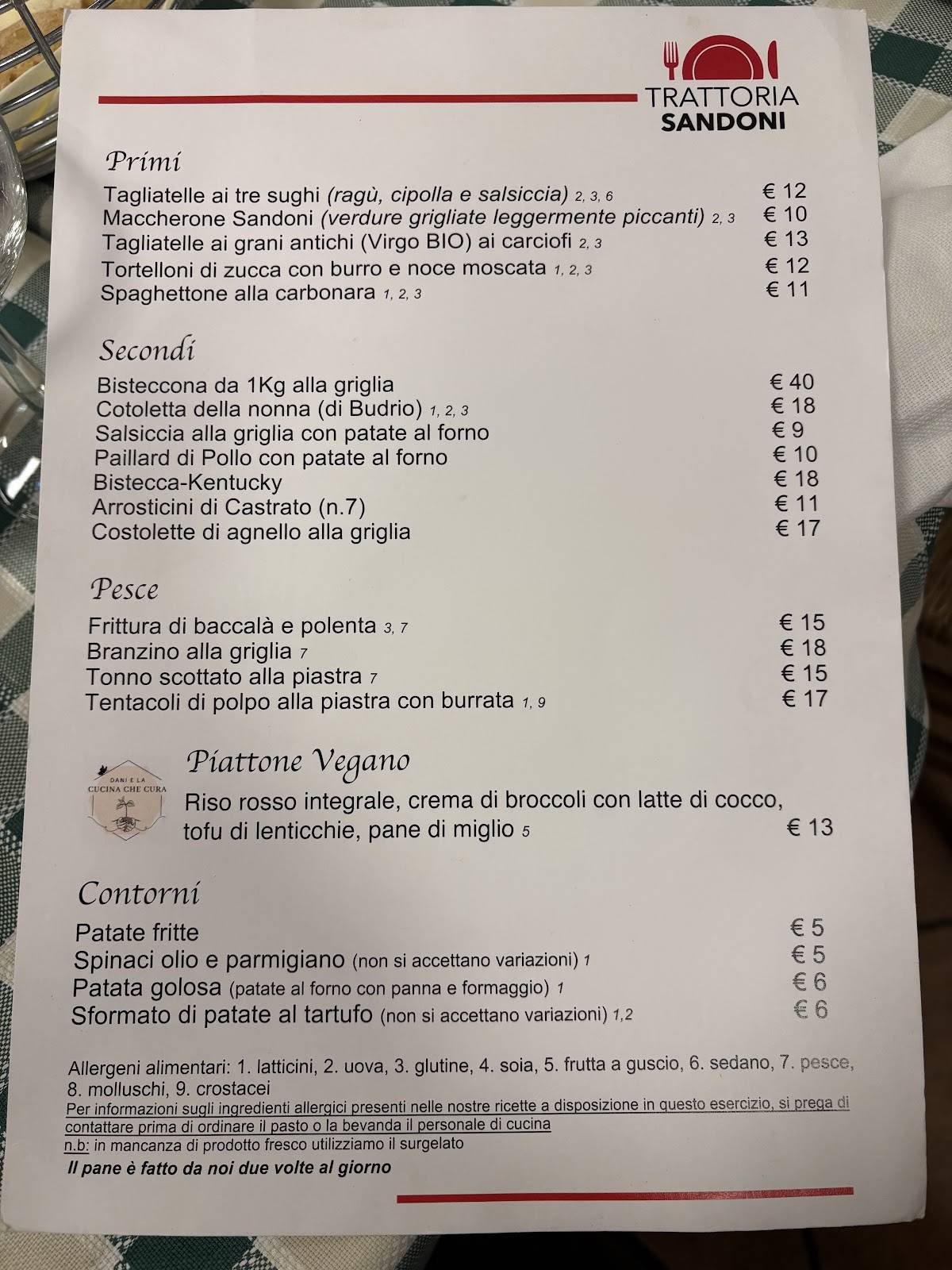 Menu di Trattoria Sandoni 