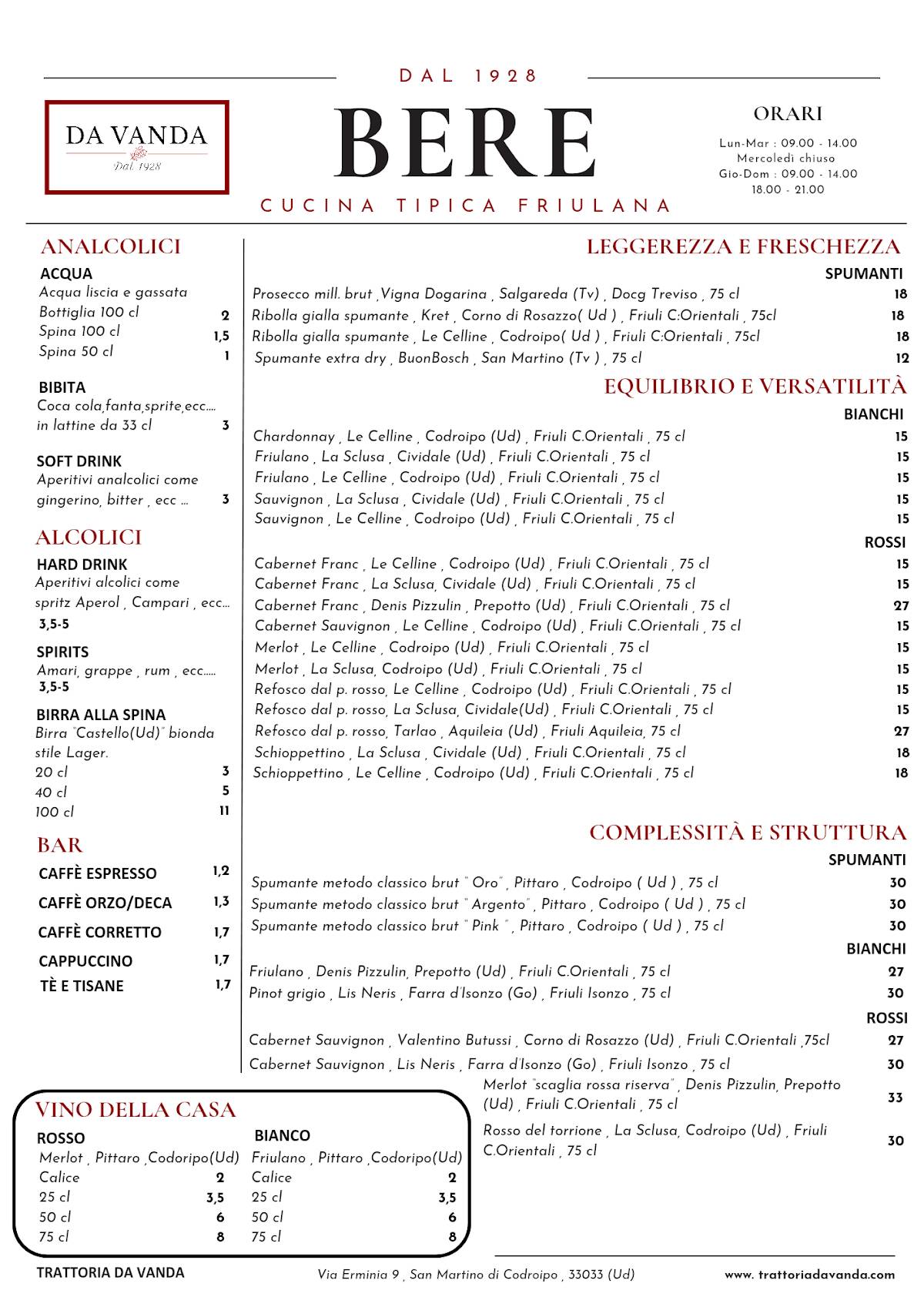 Menu di Trattoria da Vanda - San Martino - Codroipo 
