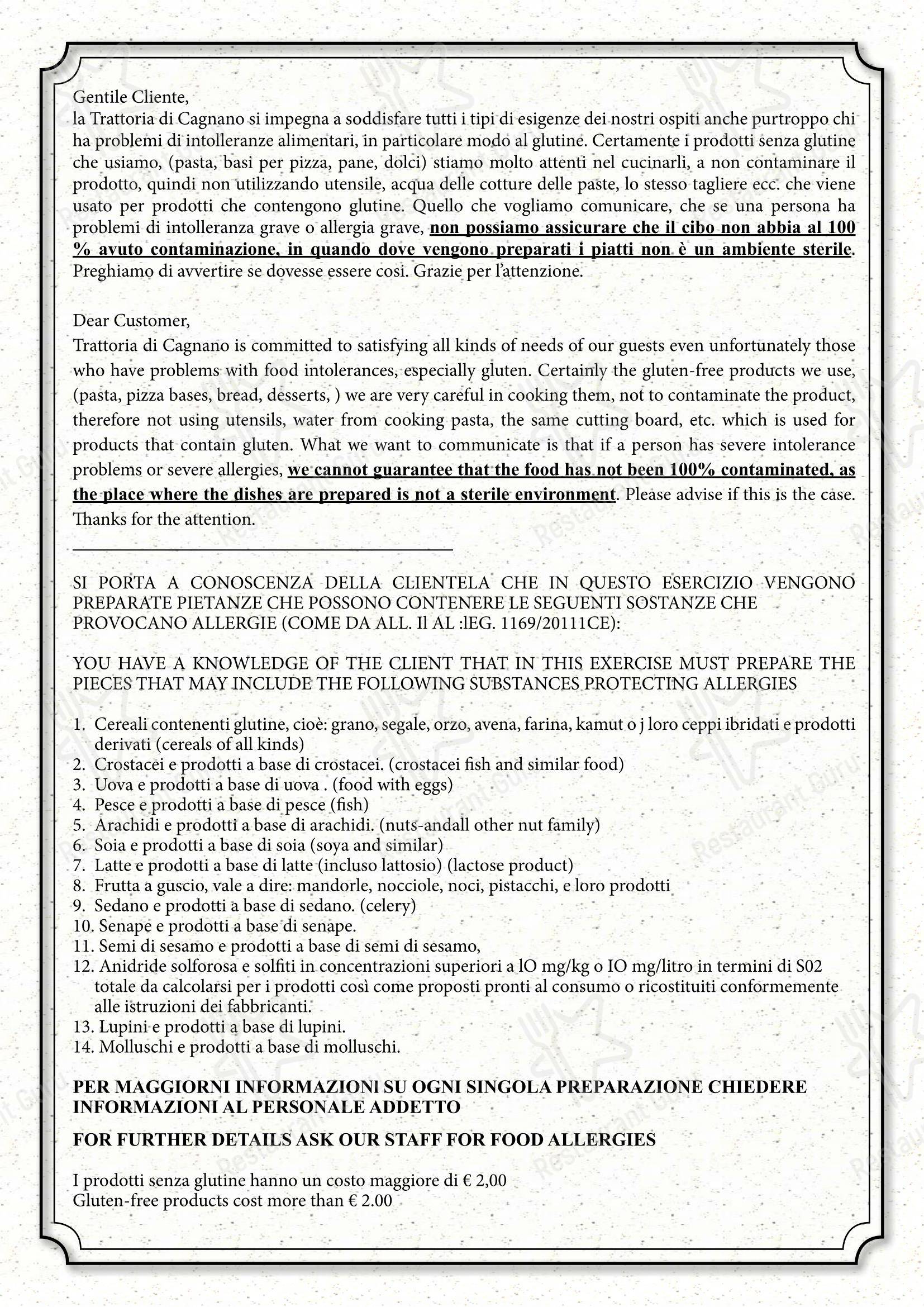 Trattoria di Cagnano in Montepulciano - Основное меню