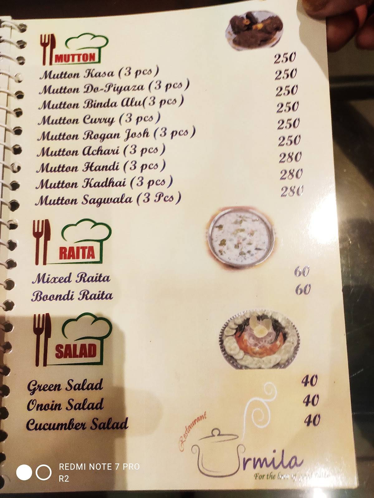 URMILA RESTAURANT menu
