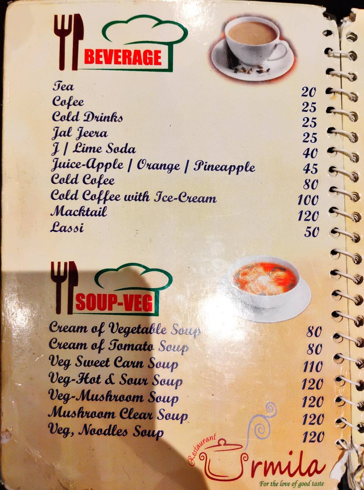 URMILA RESTAURANT menu