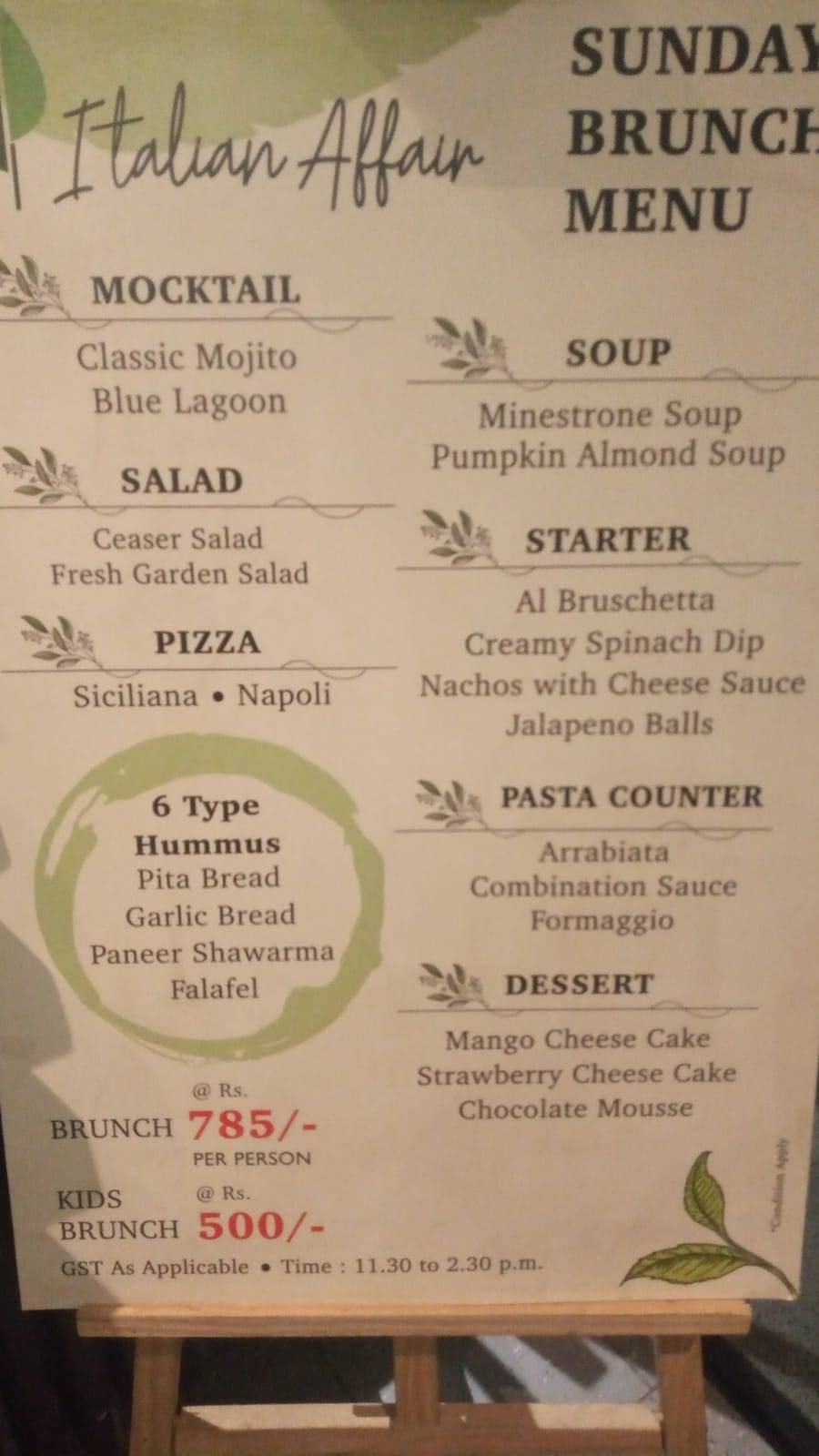 Italian Affair menu