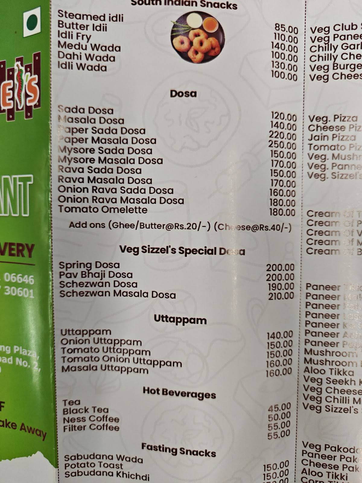 Veg Sizzel's menu