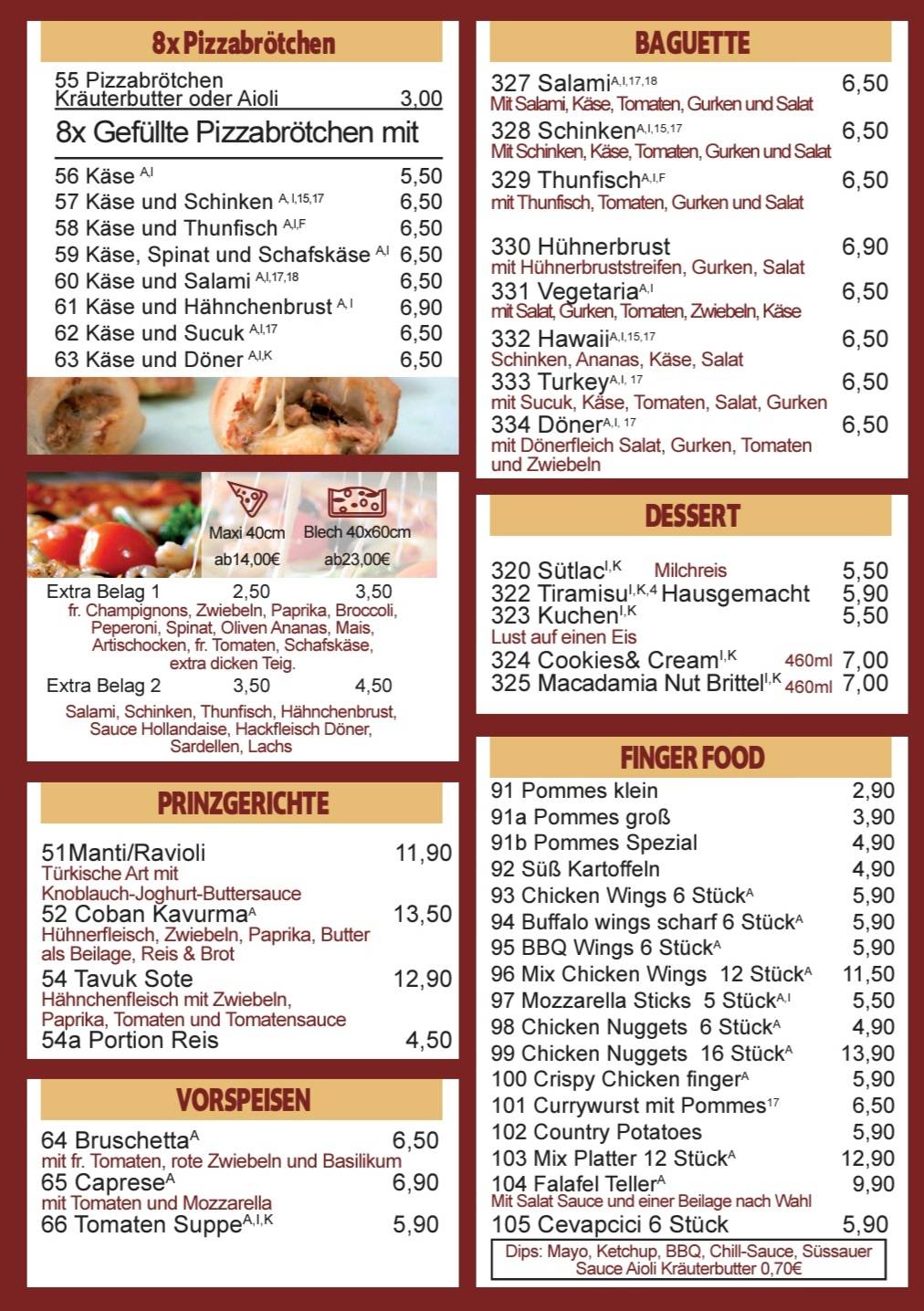 Menu de Pizza Prinz Restaurant Velbert
