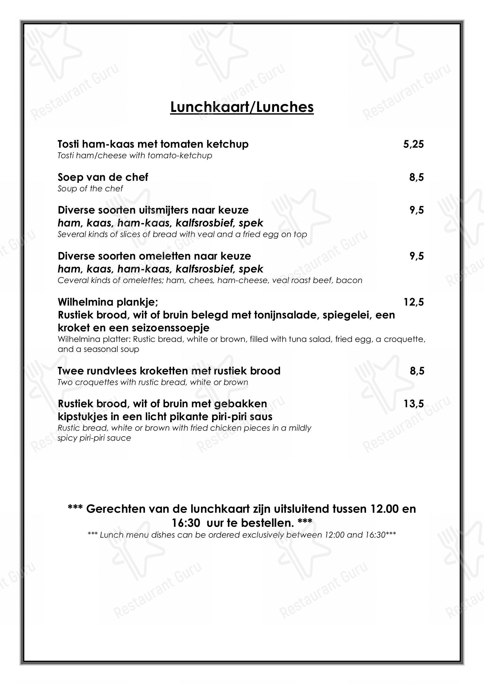 Speisekarte von Restaurant Wilhelmina, Venlo