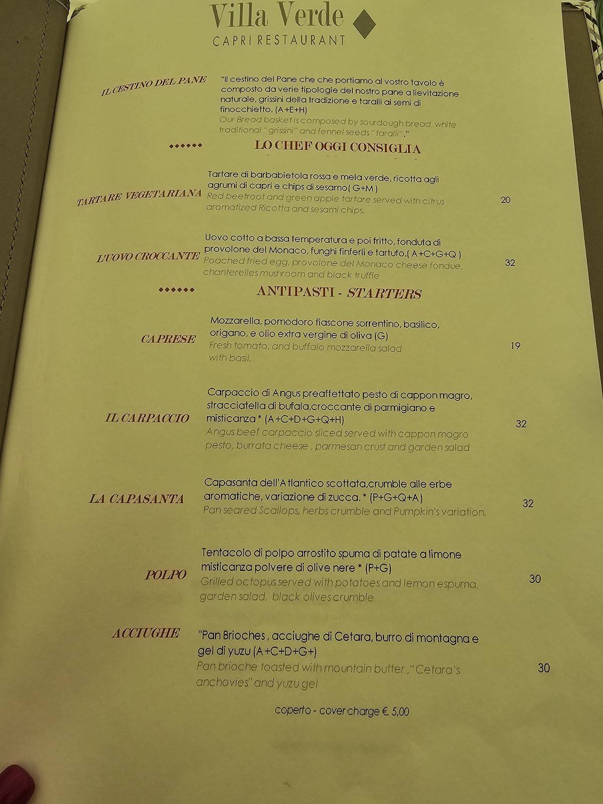 Menu de Villa Verde