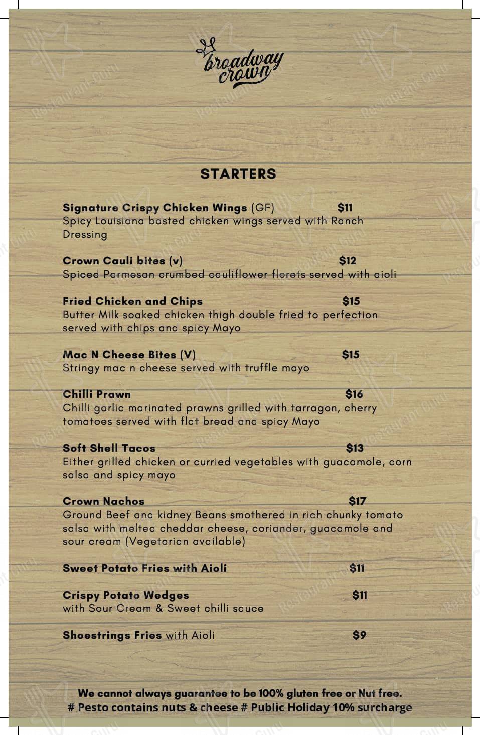 Menu at Village Crown pub & bar, Zetland, 10/2/4 Defries Ave