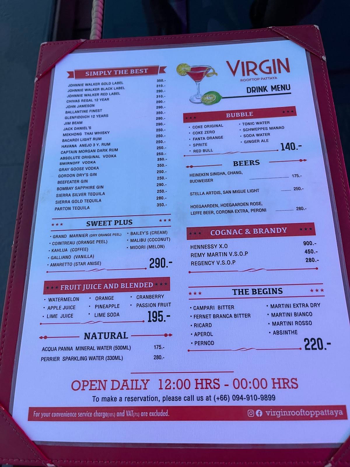 Menu at Virgin Rooftop Pattaya restaurant, Pattaya City