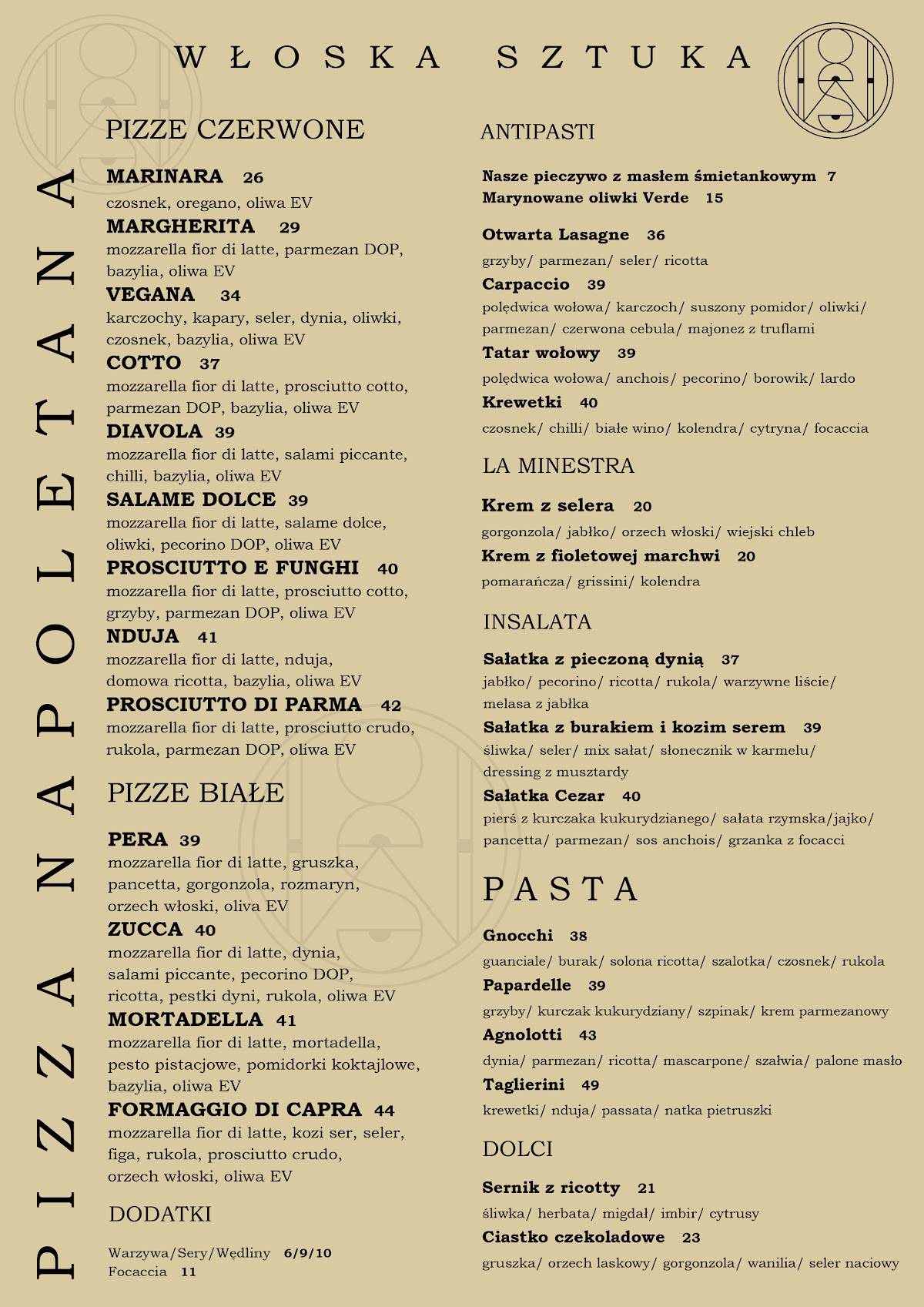 Menu at Włoska Sztuka restaurant, Lublin