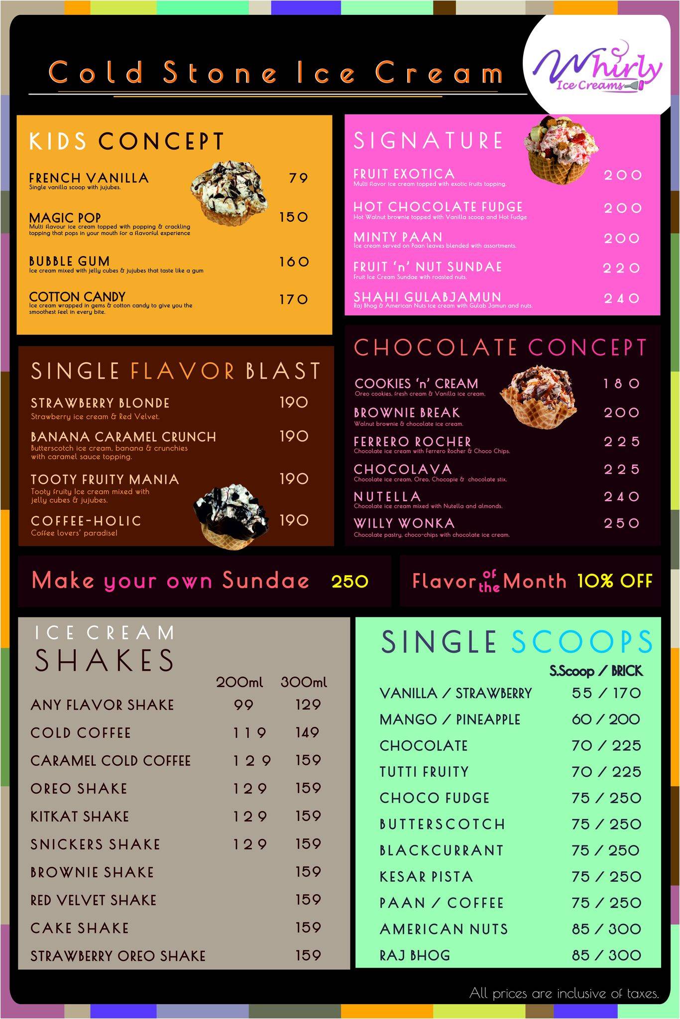 Whirly Ice-cream parlour menu