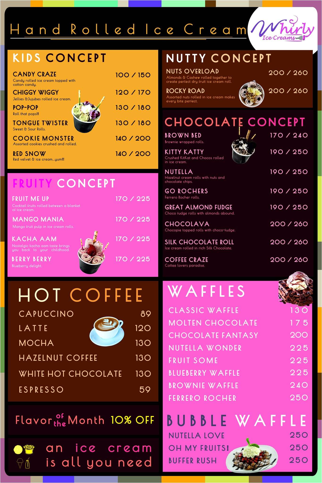 Whirly Ice-cream parlour menu
