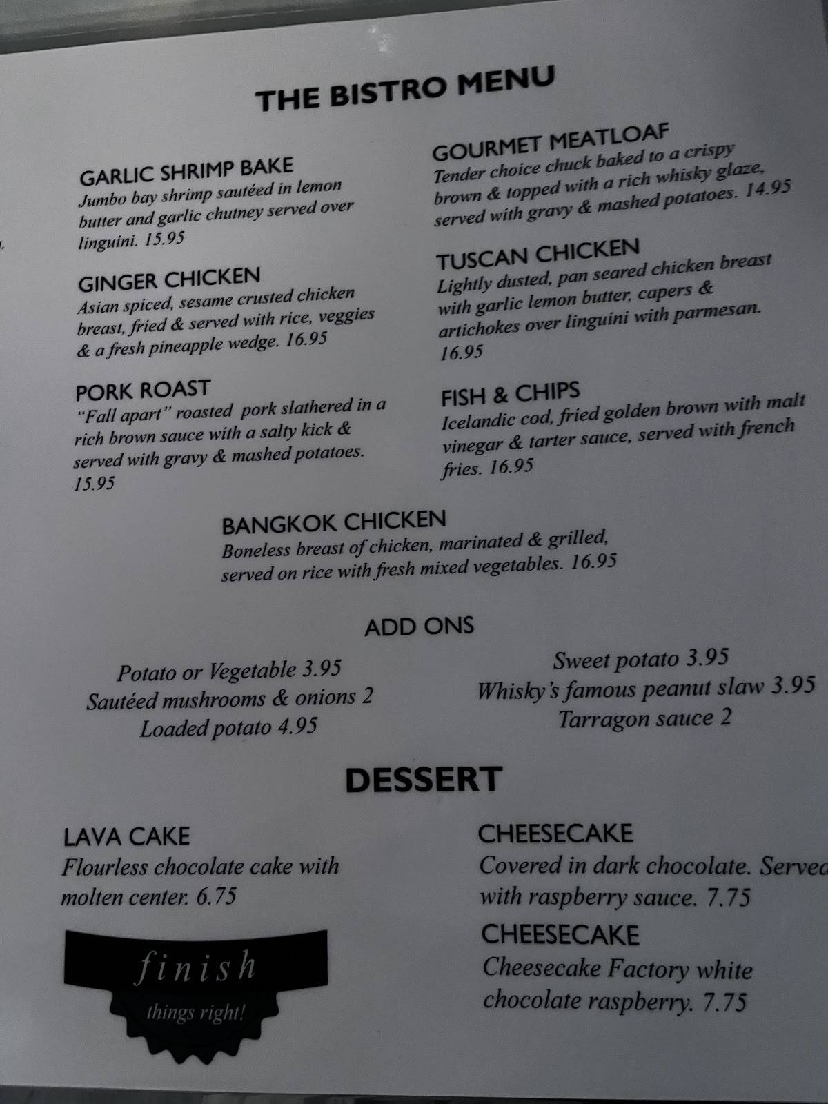 Menu at Whisky's restaurant, Lawrenceburg