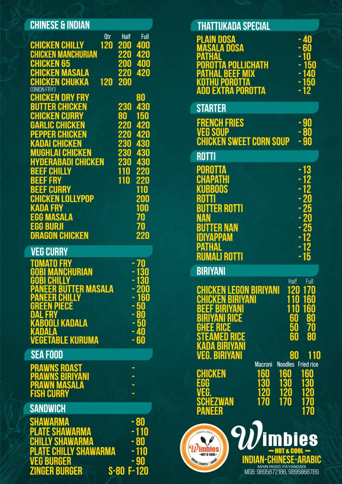 Wimbies Restaurant & Fried Chicken menu