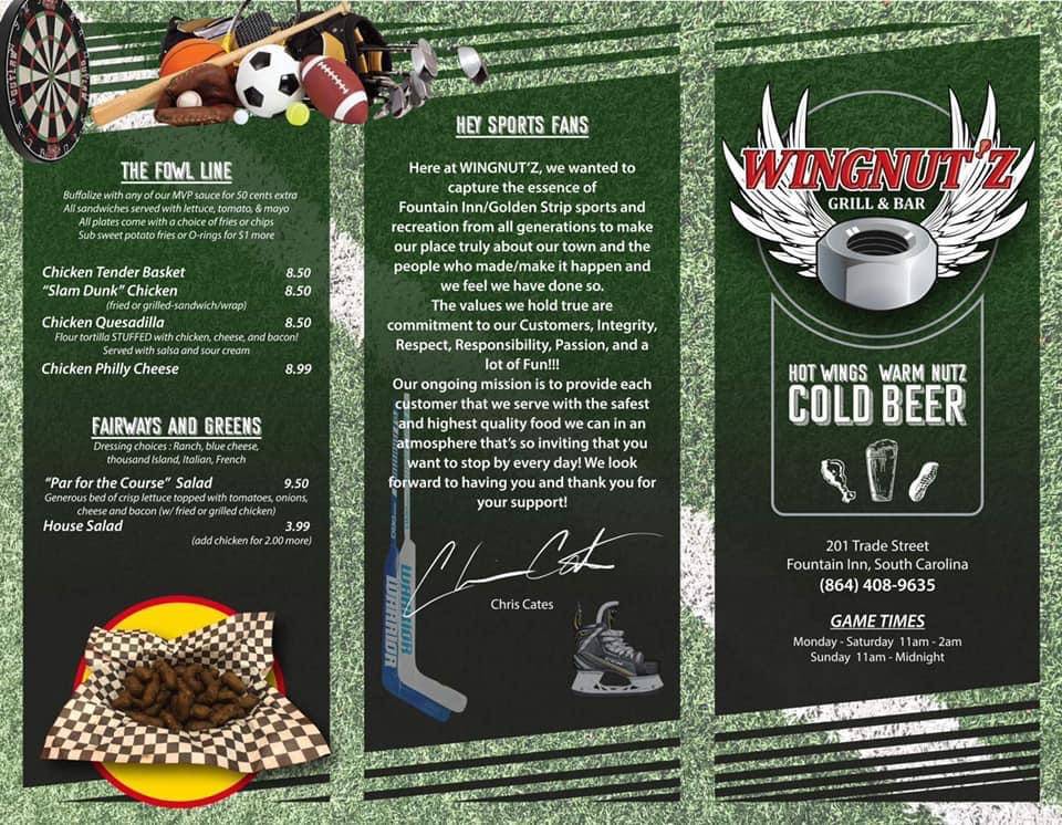 Menu at Wingnutz pub & bar, Fountain Inn