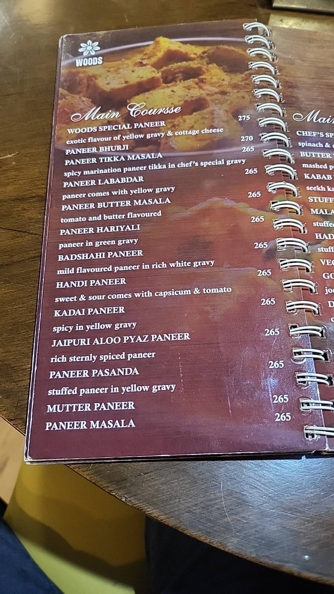 Woods Restaurant menu