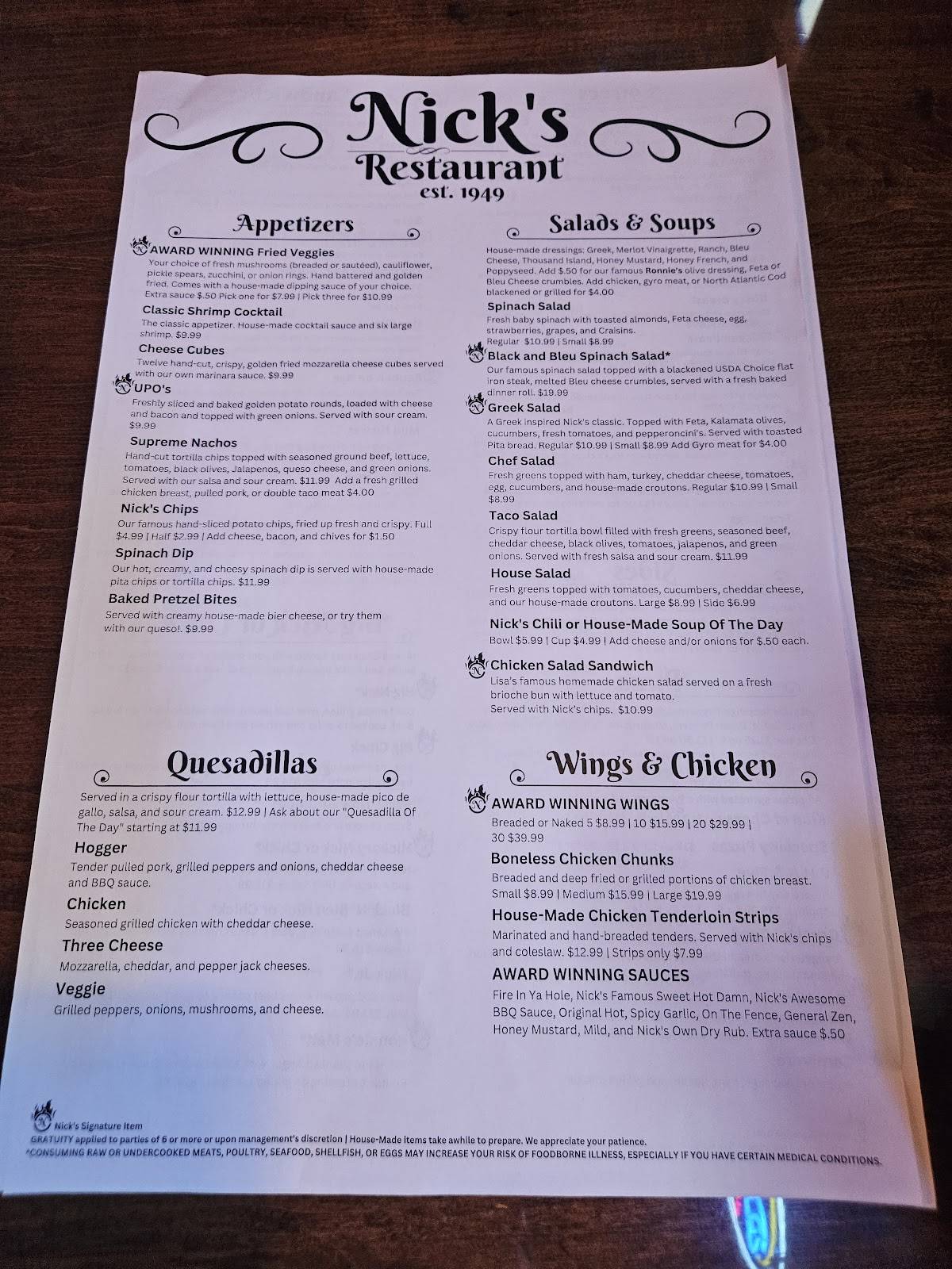 Menu at Nick's Restaurant, Xenia