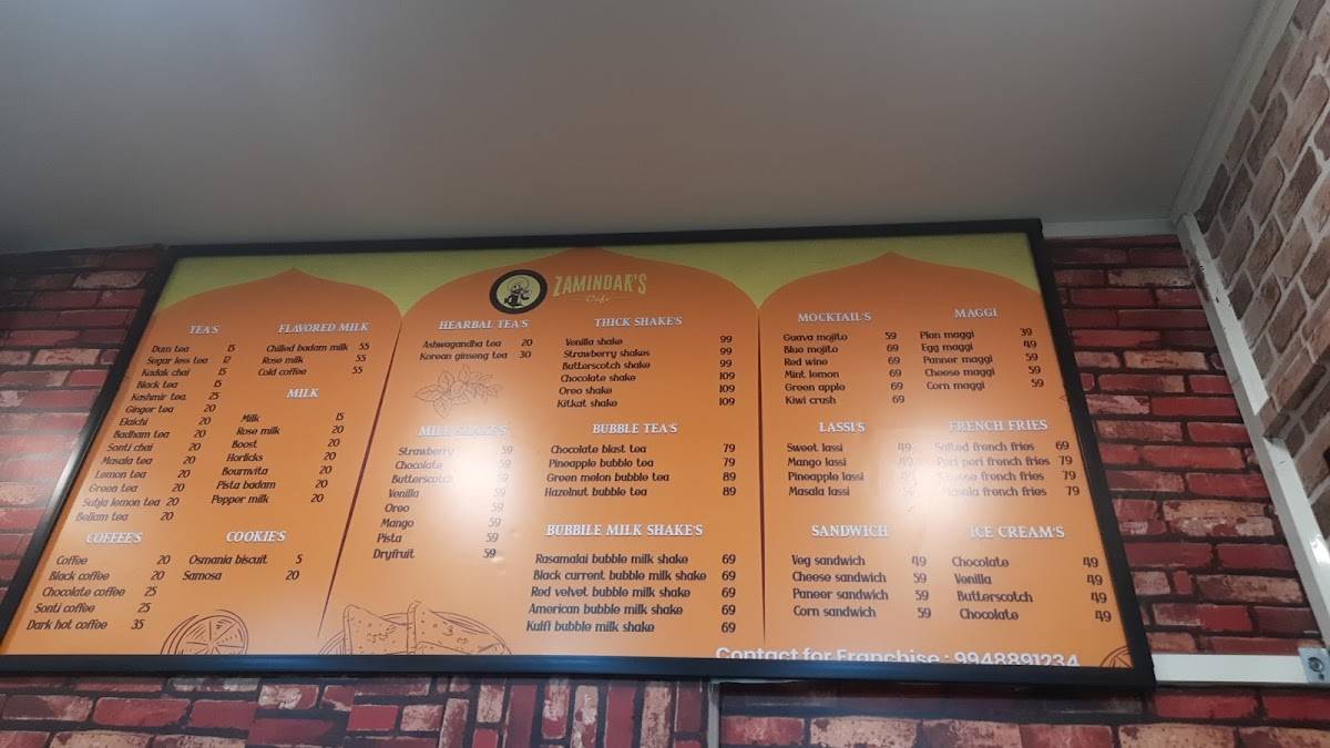 ZAMINDAR'S CAFE menu