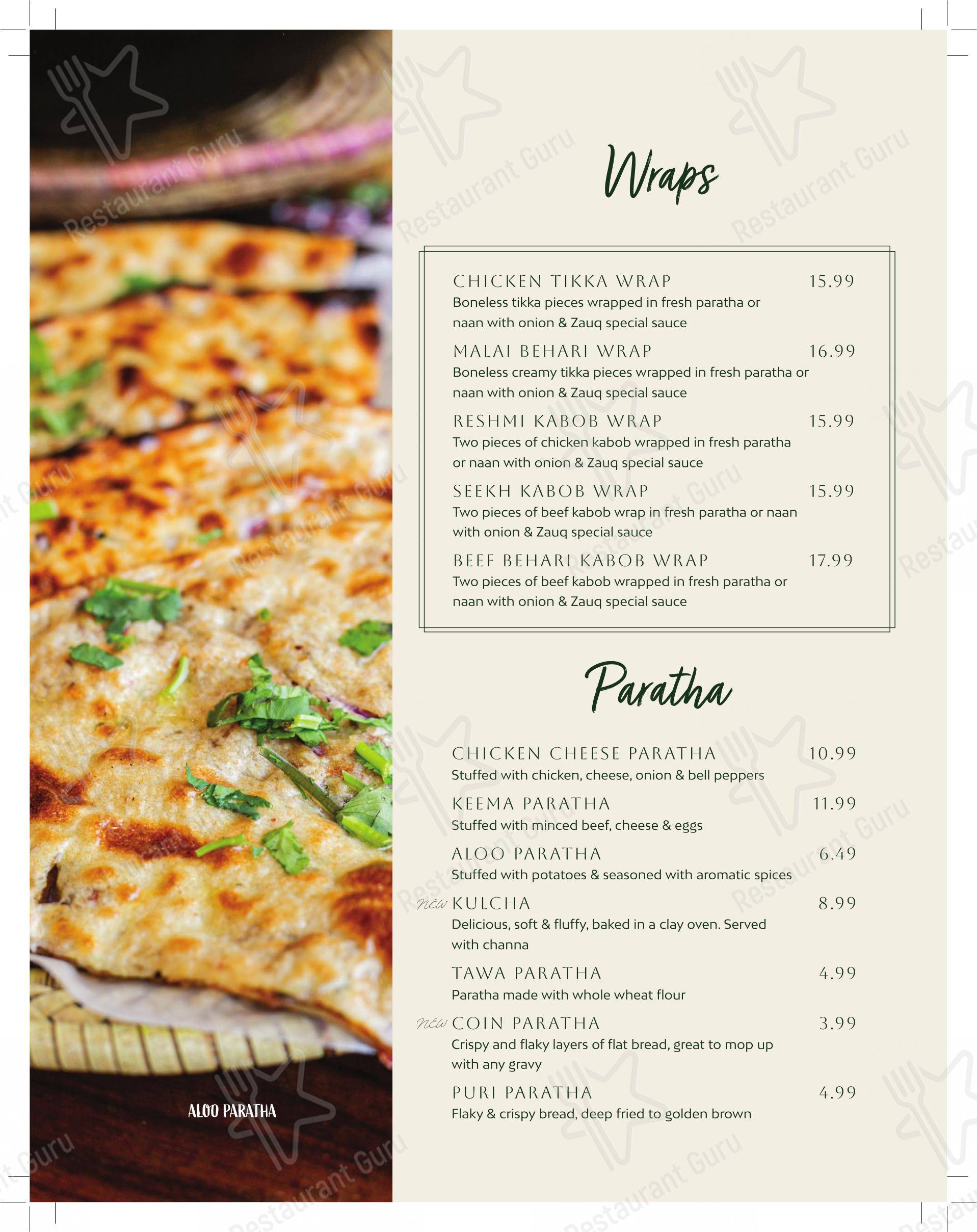 Menu pour Zauq Mississauga - Halal Pakistani, Indian & Hakka Cuisine restaurant