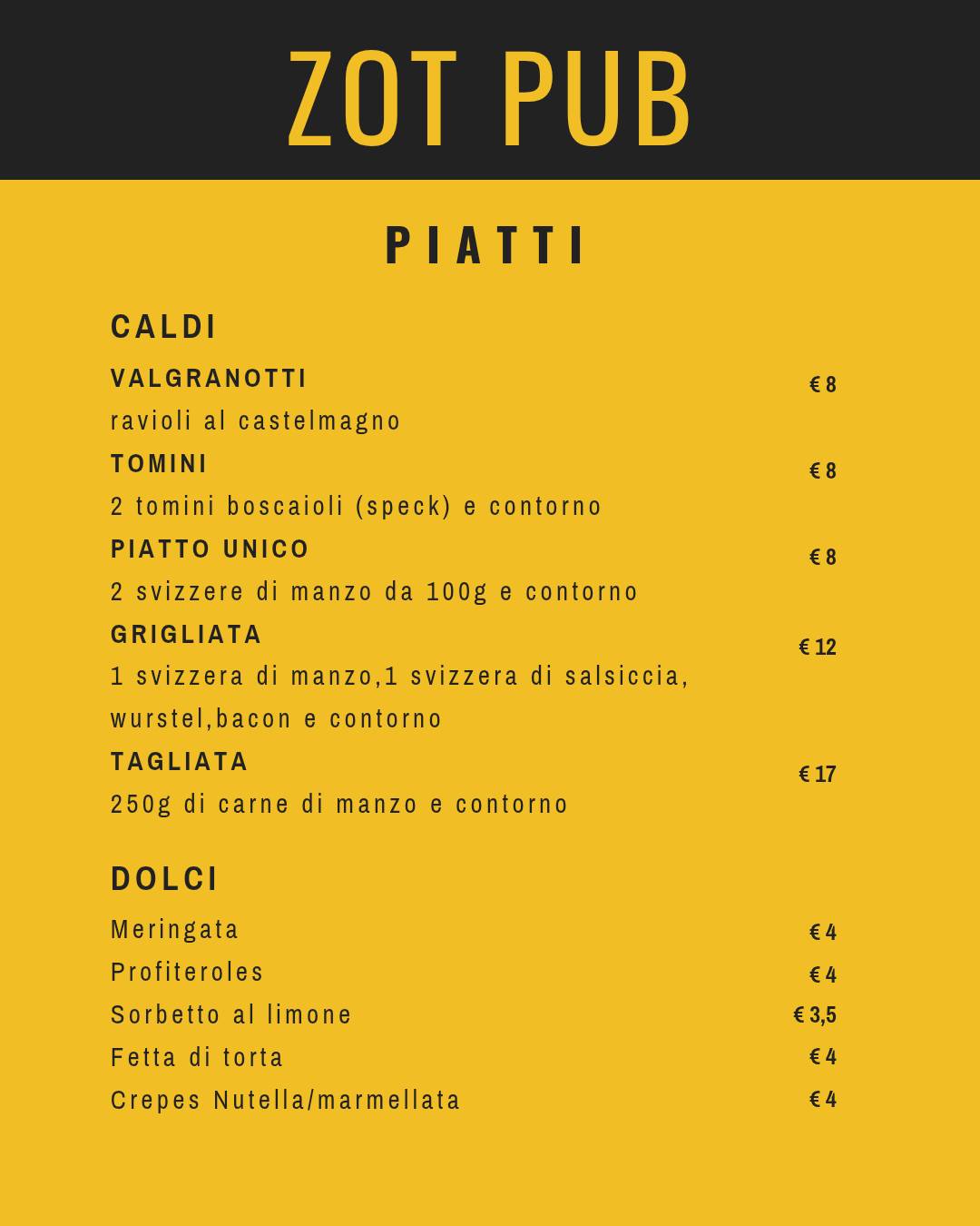 Menu di Zot! Pub Risto Bar 