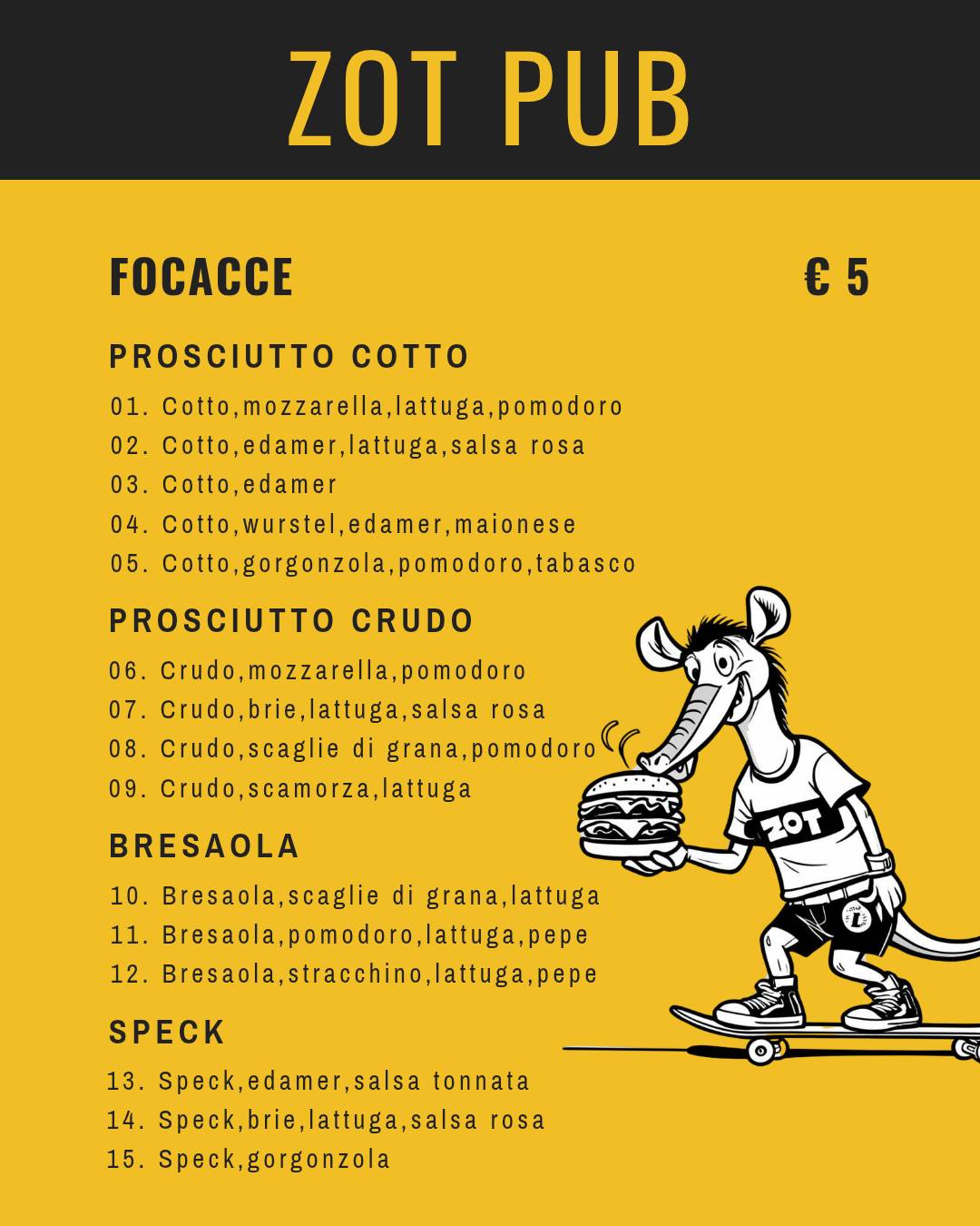 Menu di Zot! Pub Risto Bar 