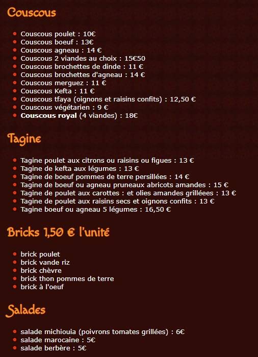 Menu de hotel restaurant l'acilya gastronomie marocaine