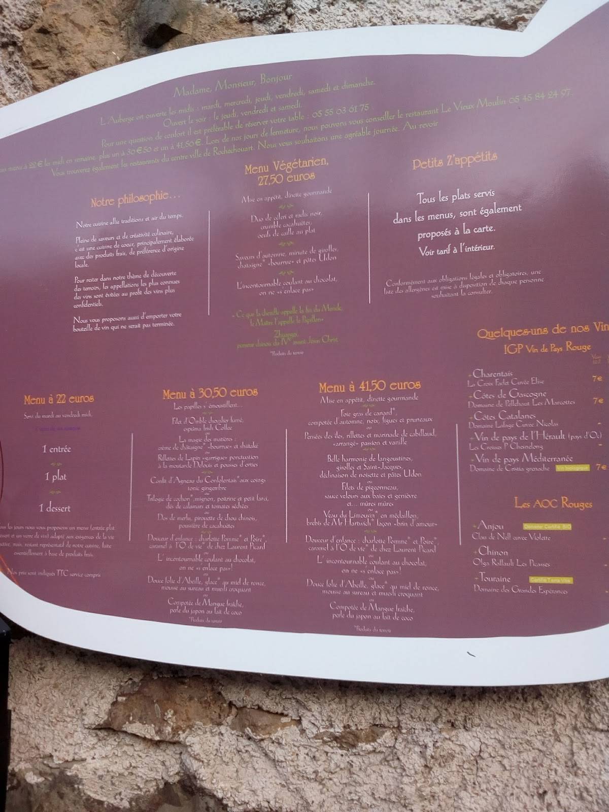 Menu de le roc du boeuf