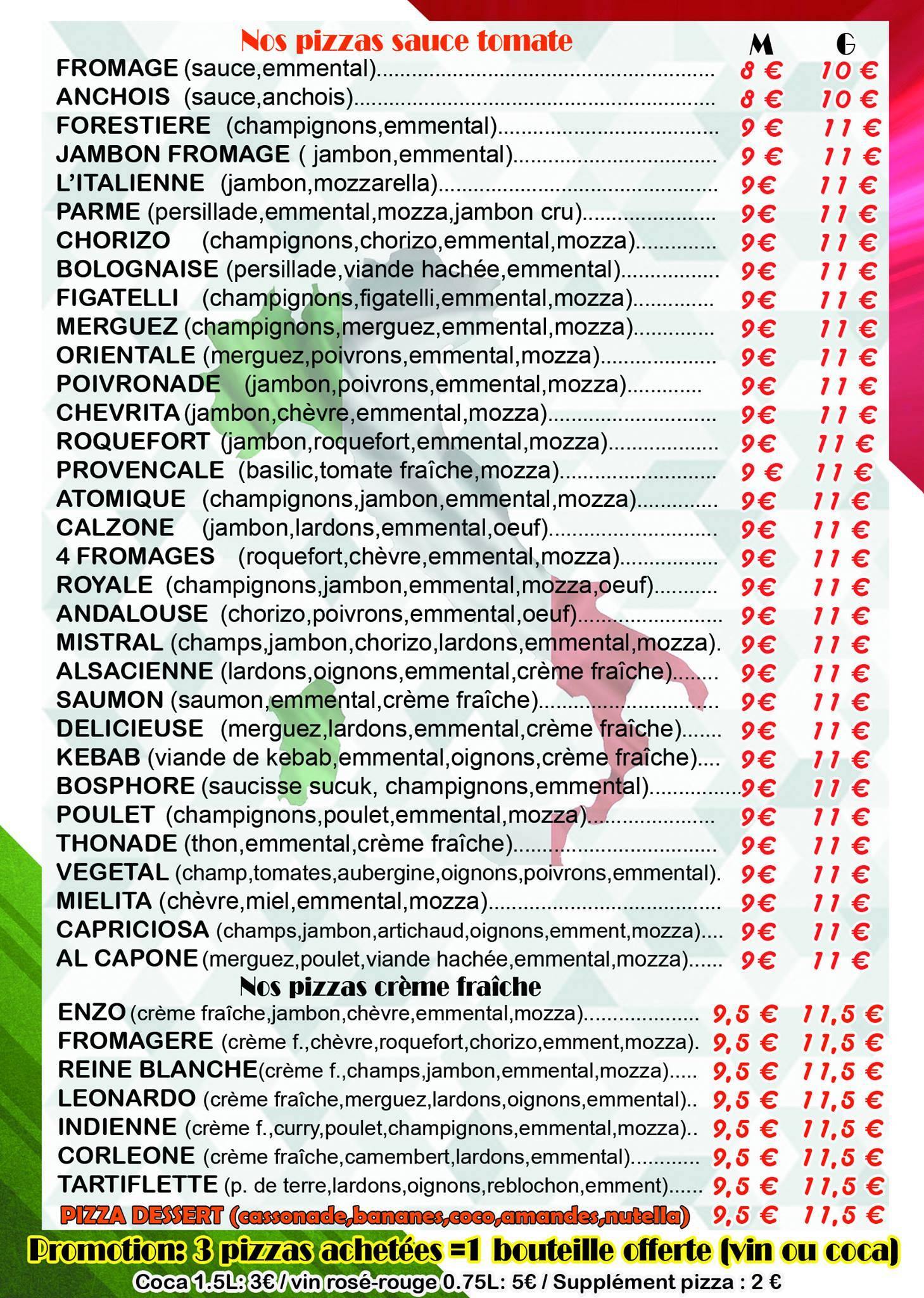 Menu de pizzaddict