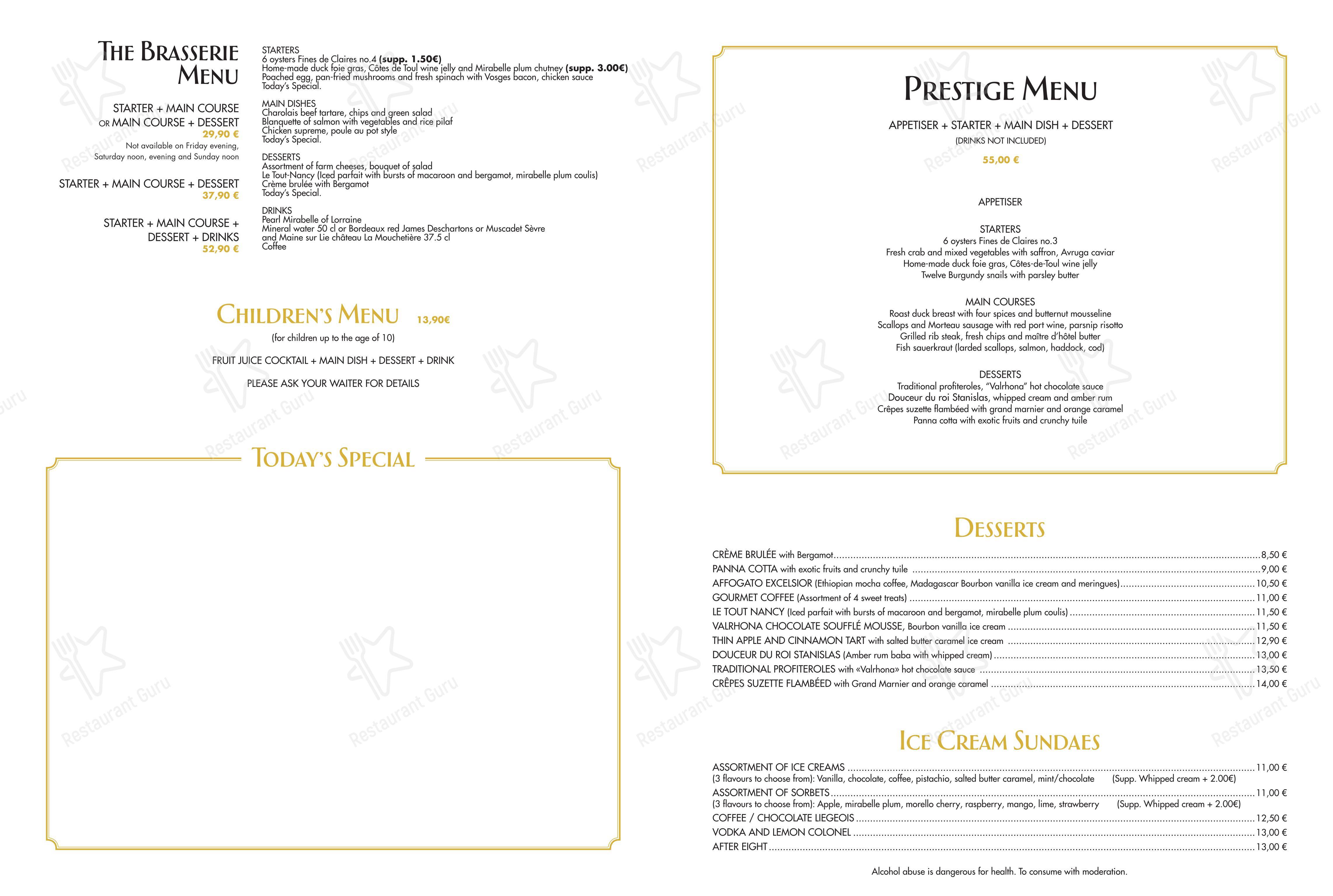Menu bar pour Brasserie L'Excelsior restaurant