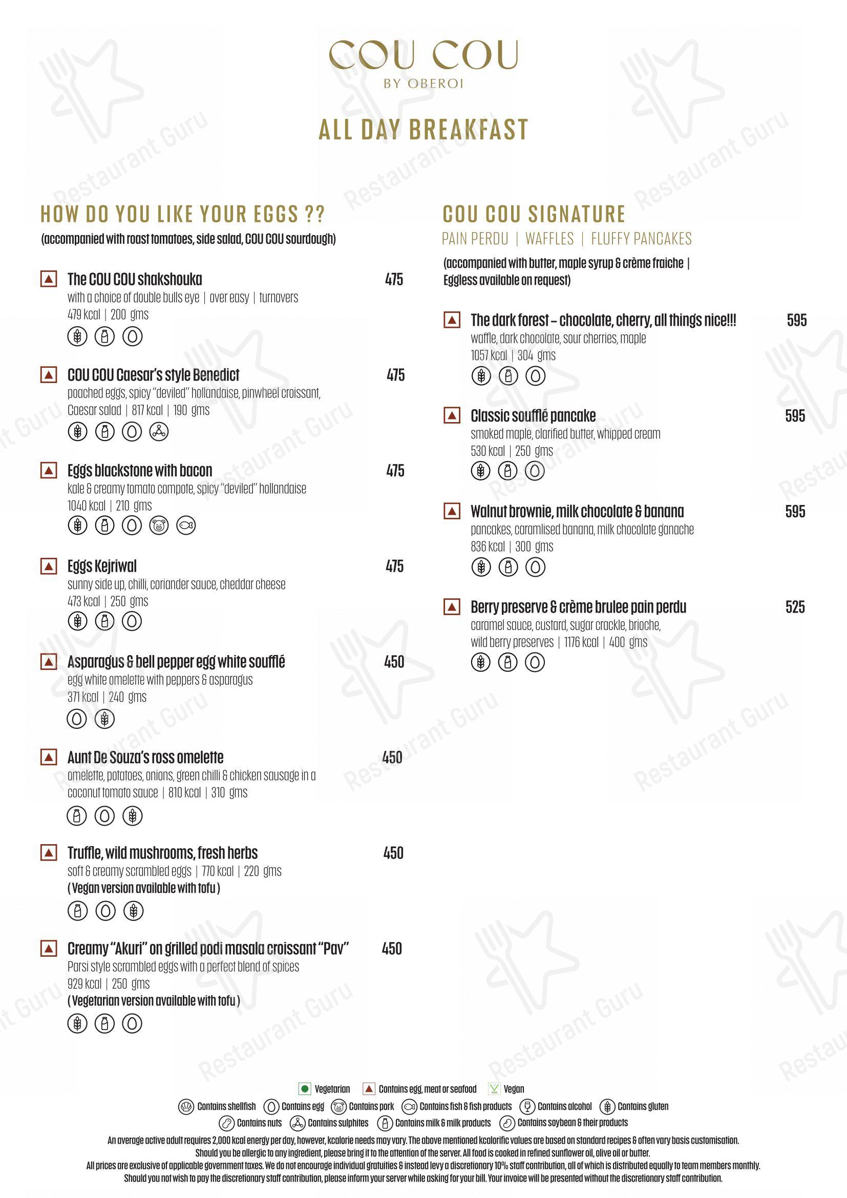 Menu bar for COU COU by Oberoi in Mumbai