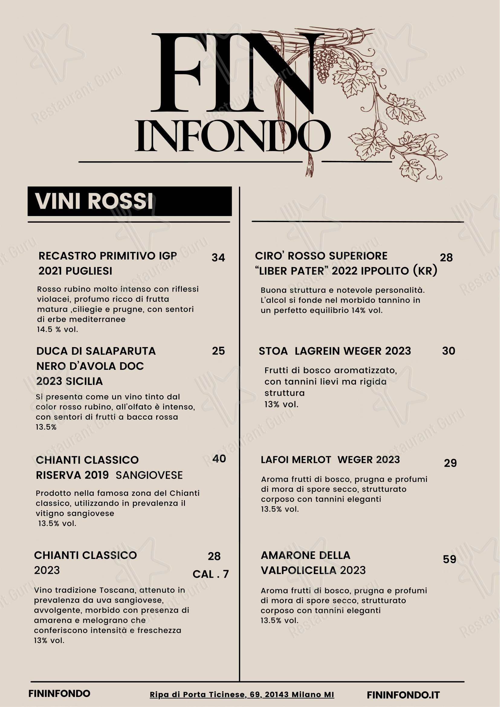 Menu bar per Fininfondo ristorante