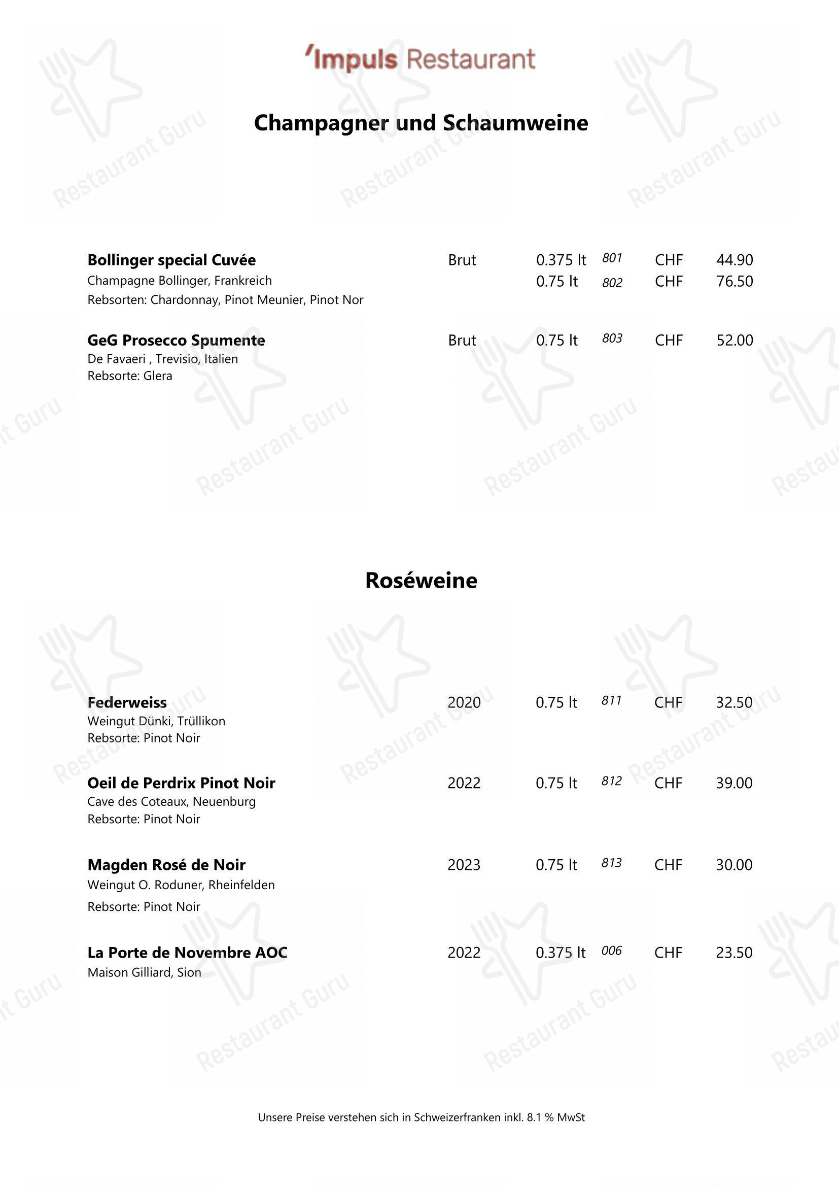 Menu bar per IMPULS - Restaurant ristorante