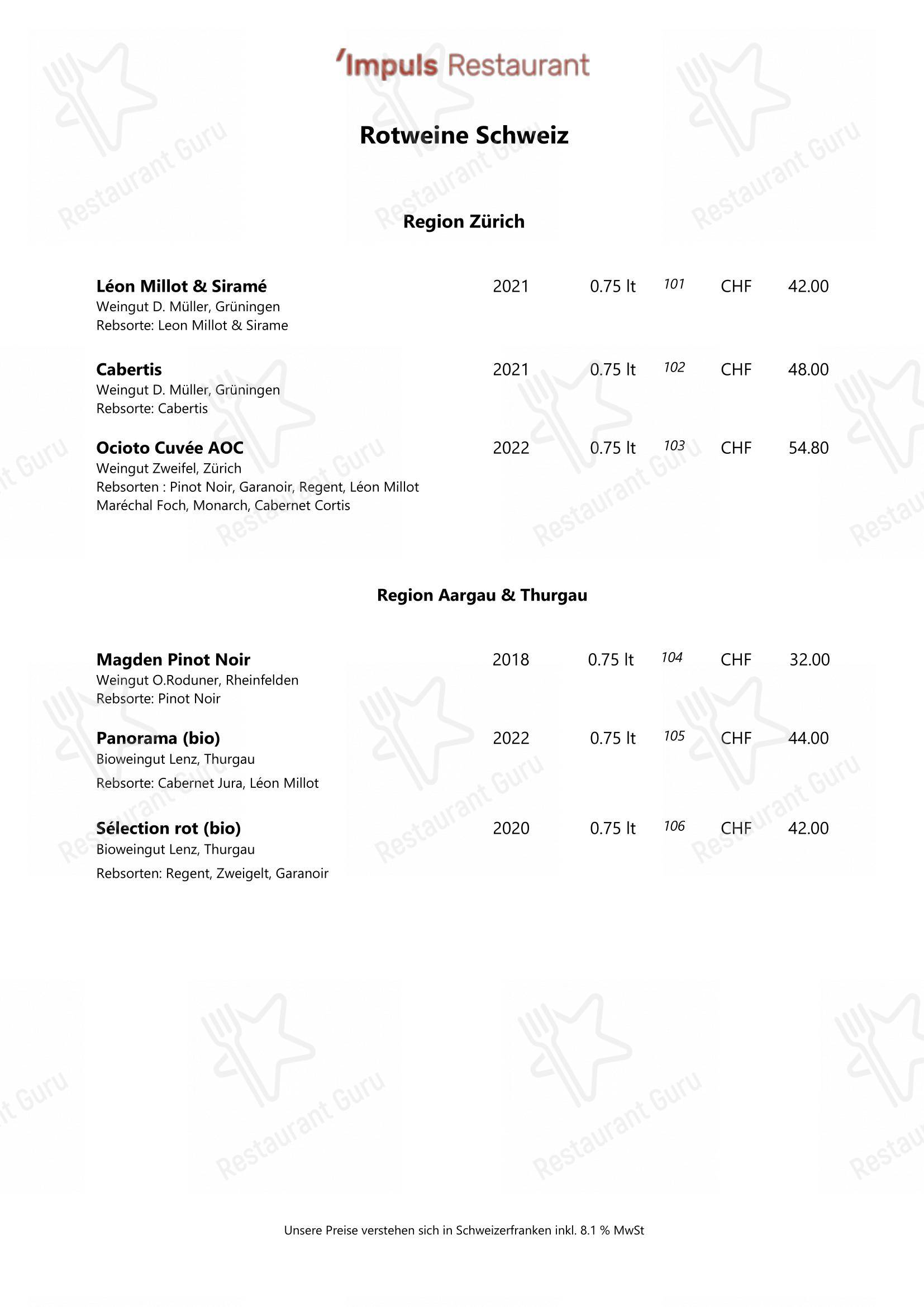 Menu bar per IMPULS - Restaurant in Wetzikon