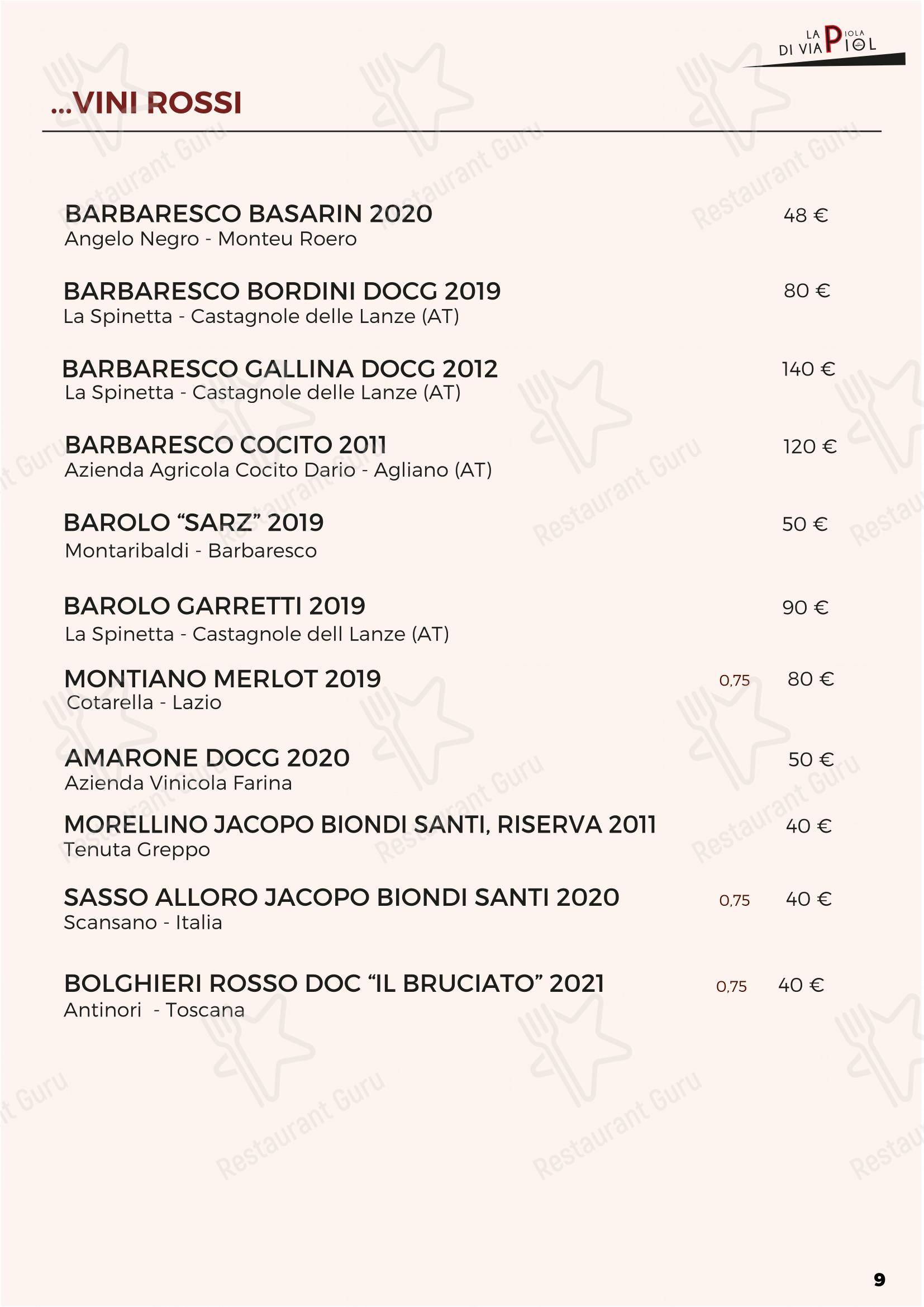 Menu di La Piola Di Via Piol - Menu bar