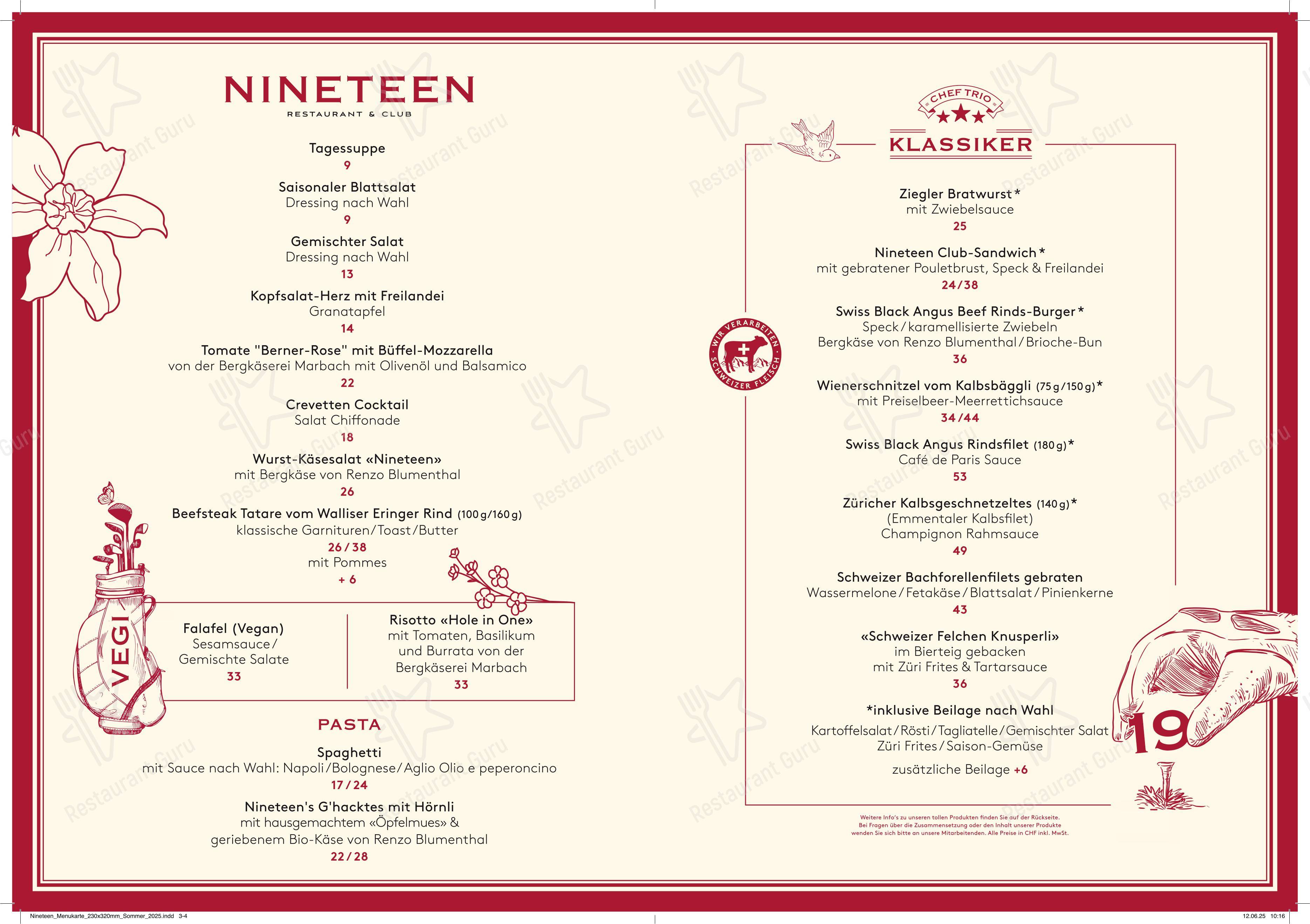 Menu bar per Nineteen Restaurant & Club in Unterengstringen