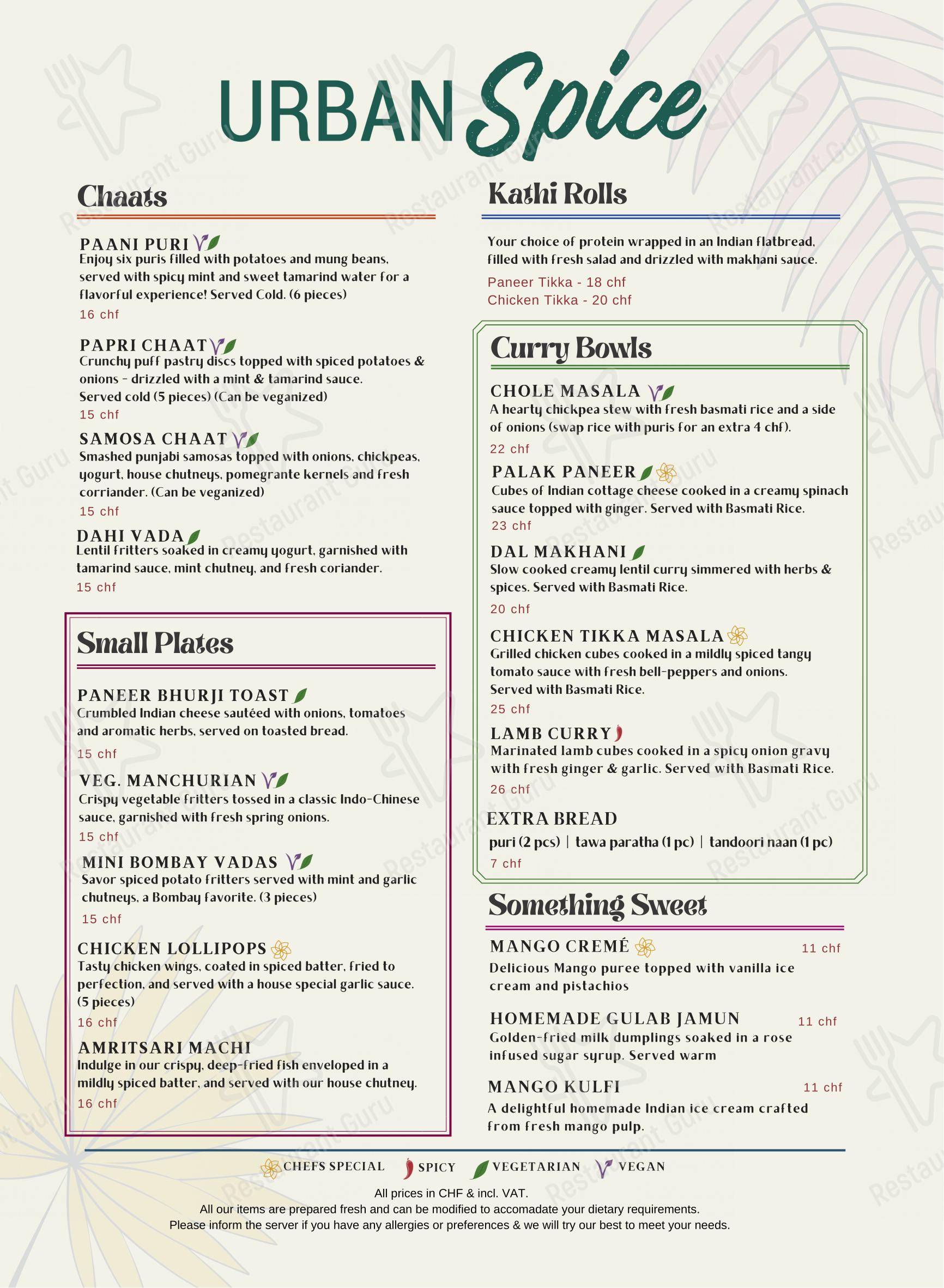 菜单 per Restaurant Urban Spice ristorante