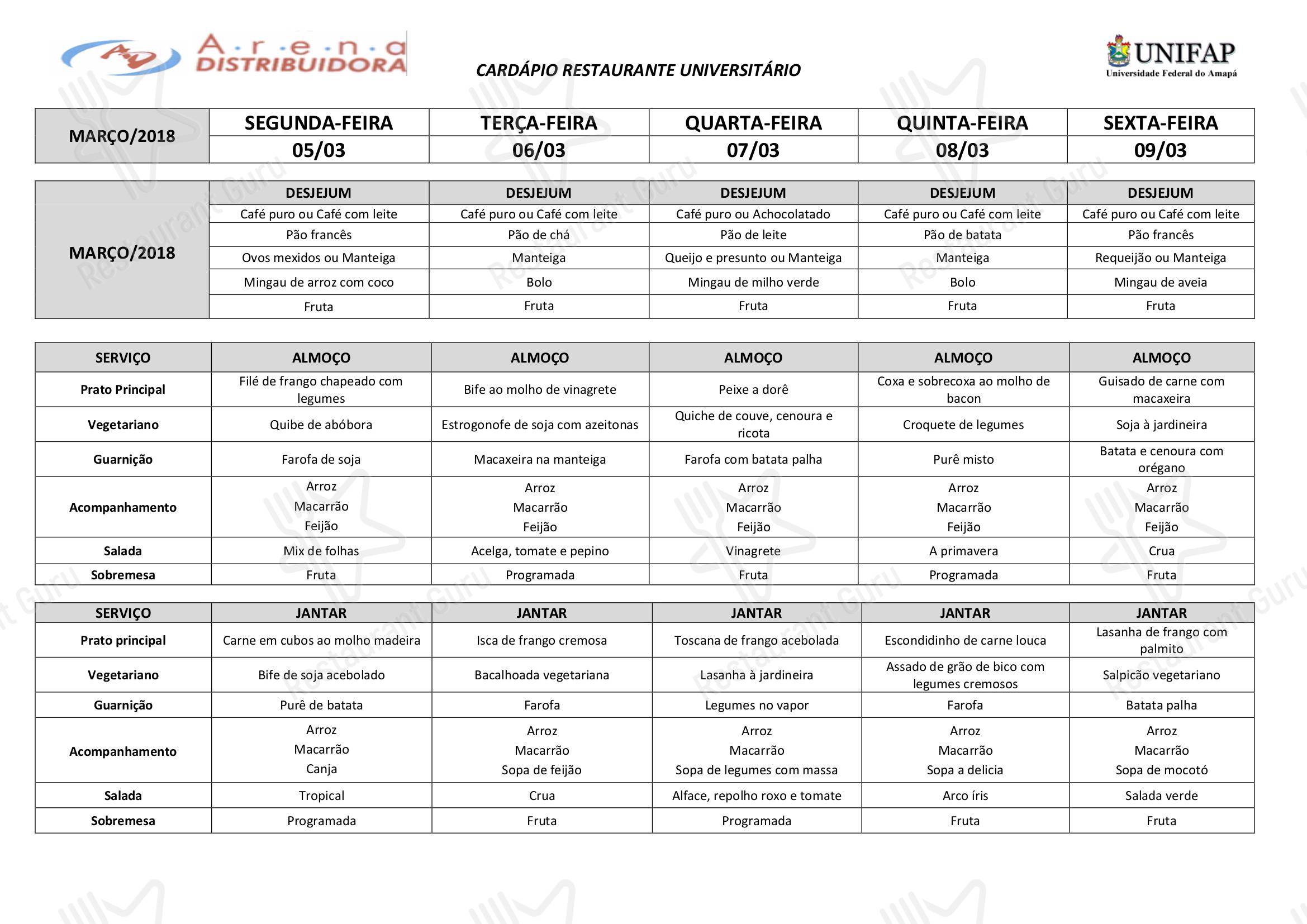 Menu updated prices para Restaurante Universitário - UNIFAP restaurante