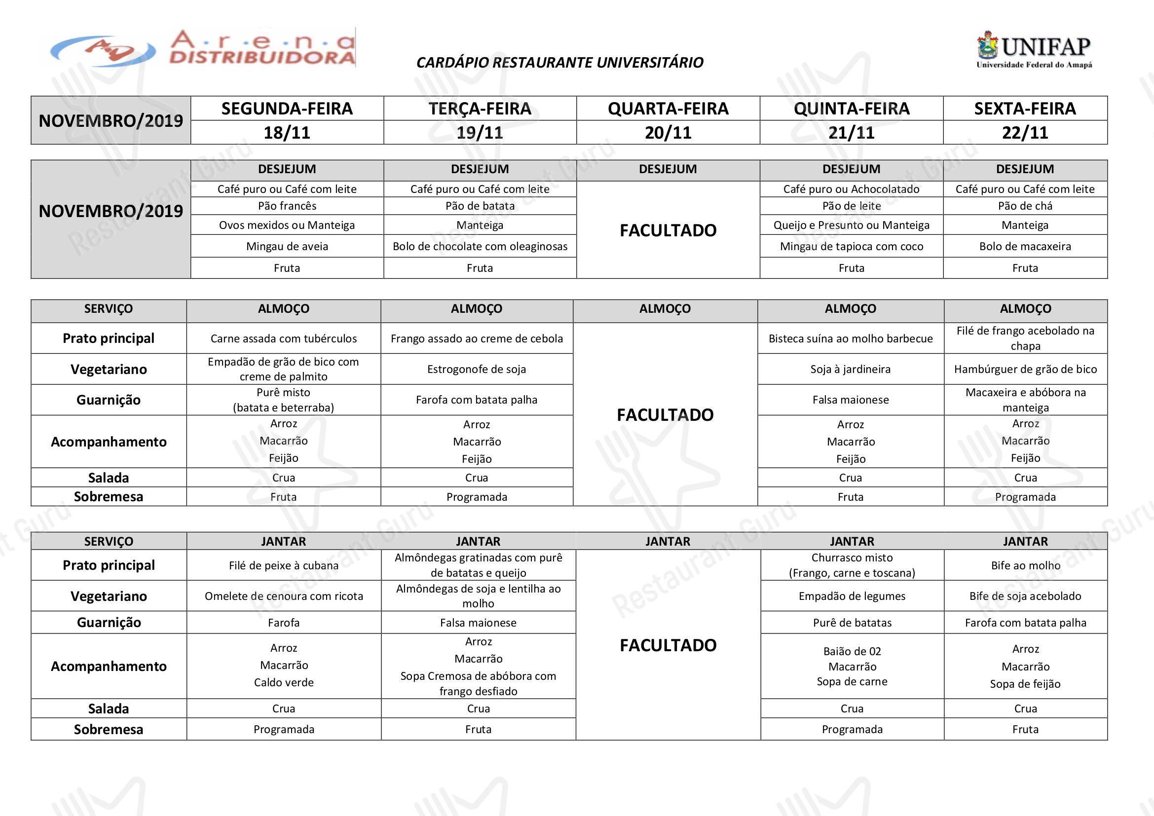 Menu Winter para Restaurante Universitário - UNIFAP em Macapá