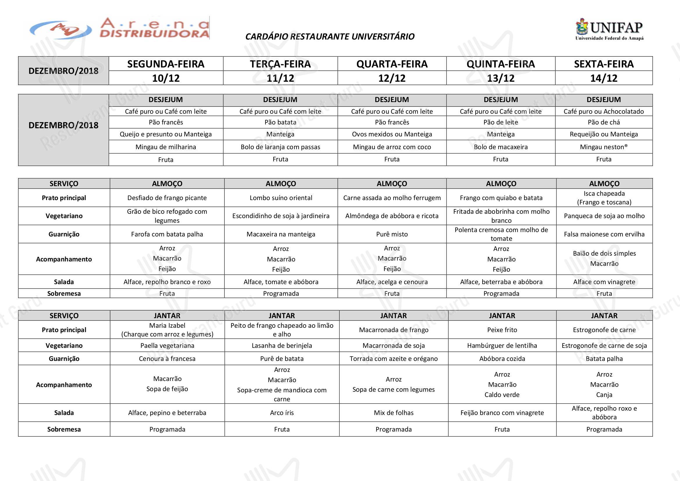 Breakfast lunch menu para Restaurante Universitário - UNIFAP restaurante