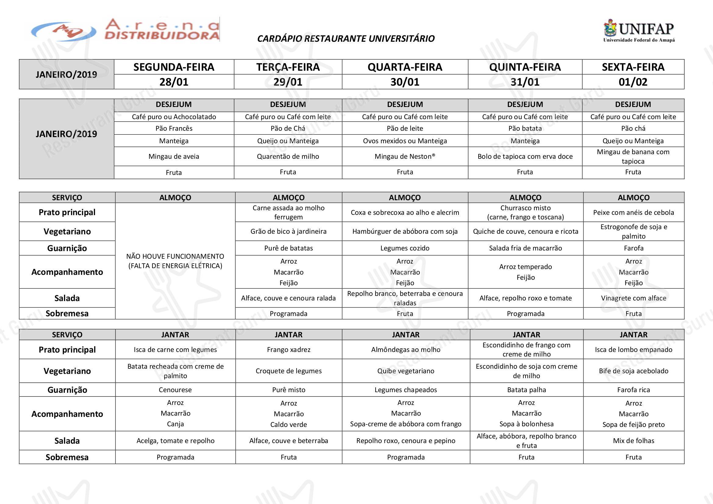 Lunch & Dinner Menu para Restaurante Universitário - UNIFAP restaurante